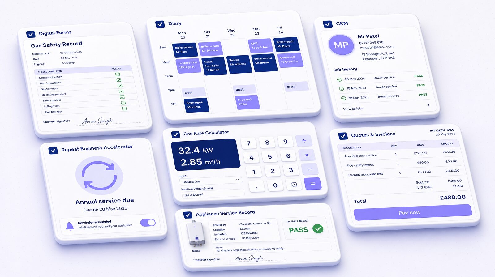 Checker.app tools shown as floating 3D cards: digital forms, diary, CRM, quotes and invoices, gas rate calculator, appliance service records and the Repeat Business Accelerator