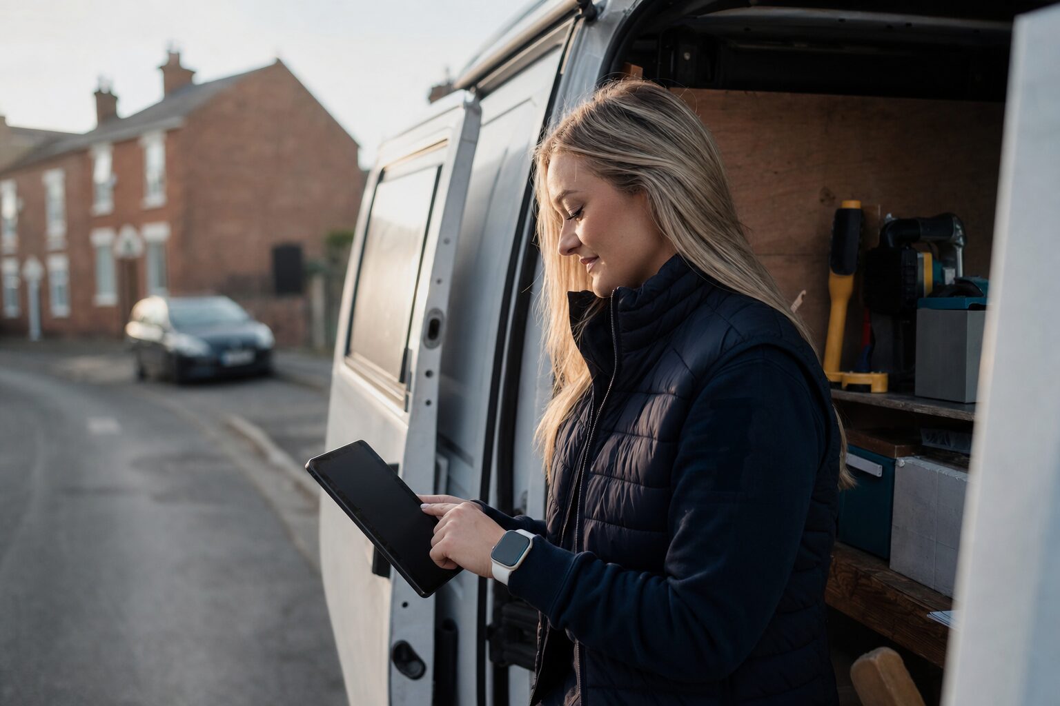 Gas engineer reviewing the day's jobs on a tablet beside his van in early morning light