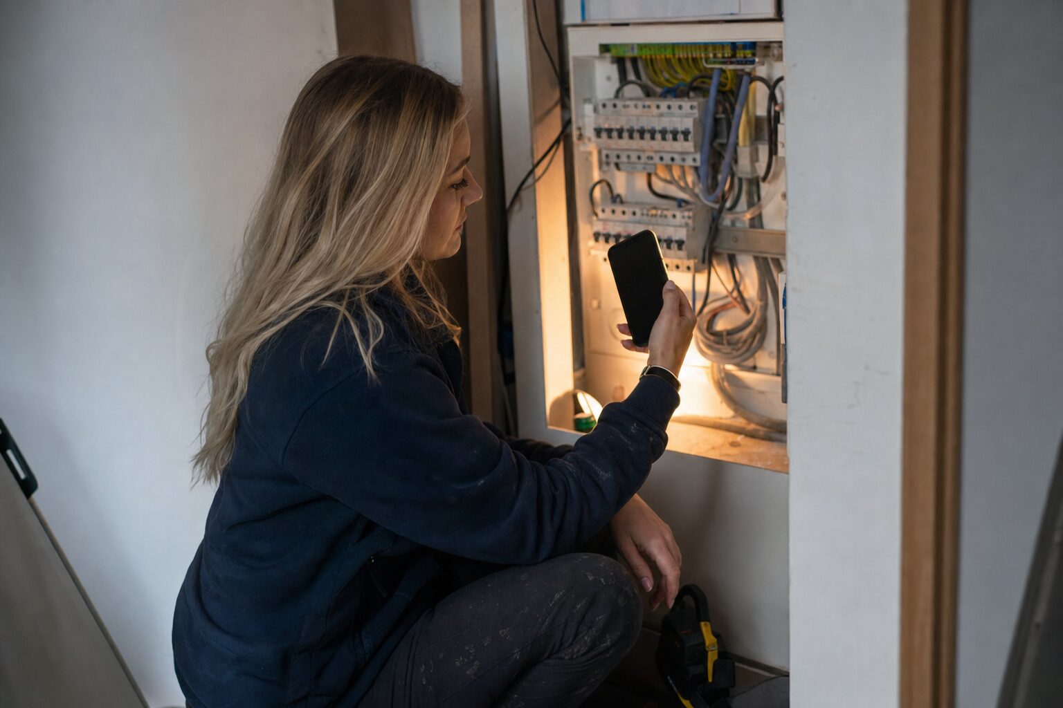 Electrician logging a certificate on a phone inside a domestic utility cupboard