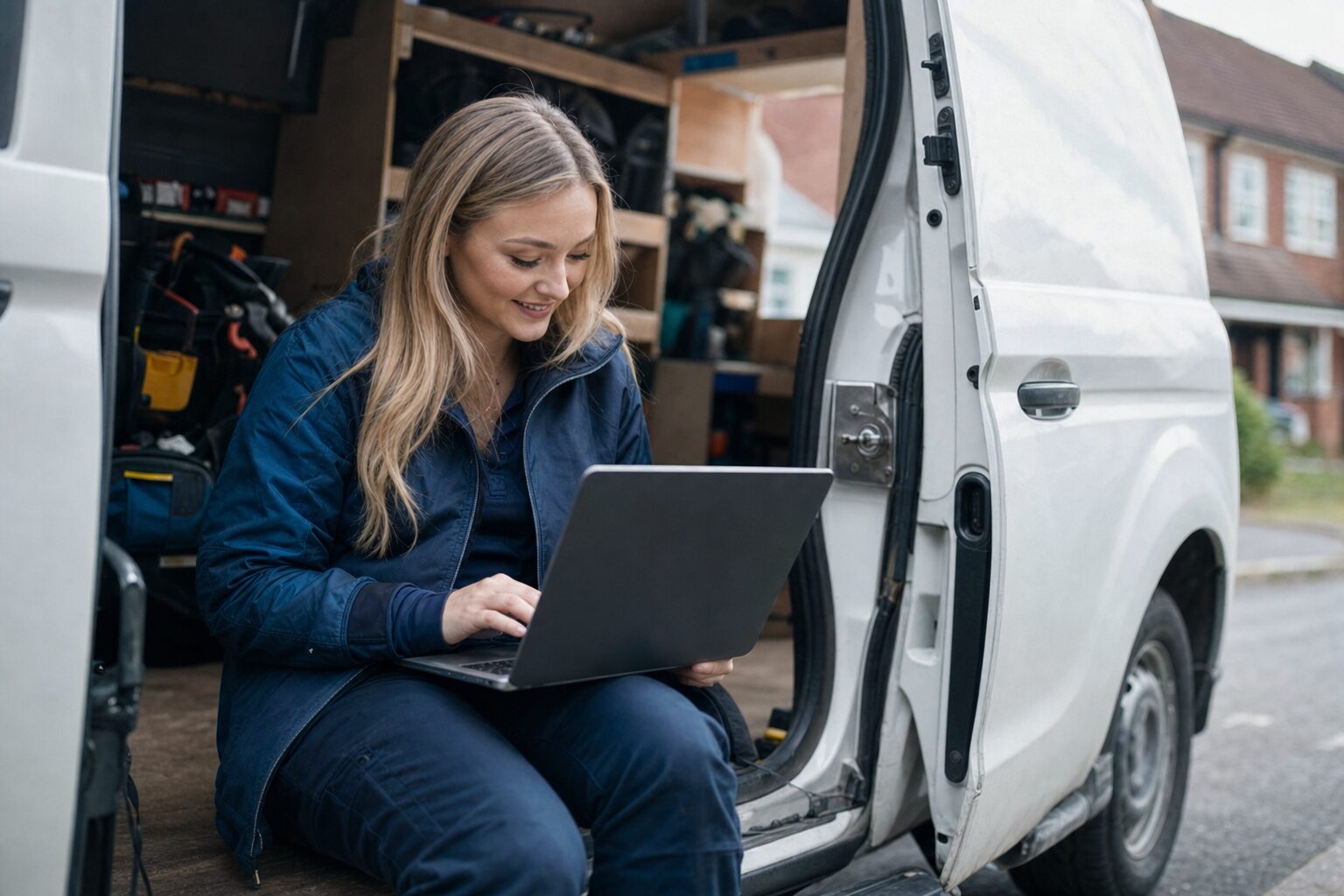Tradesperson reviewing quotes and invoices on a laptop in a liveried van