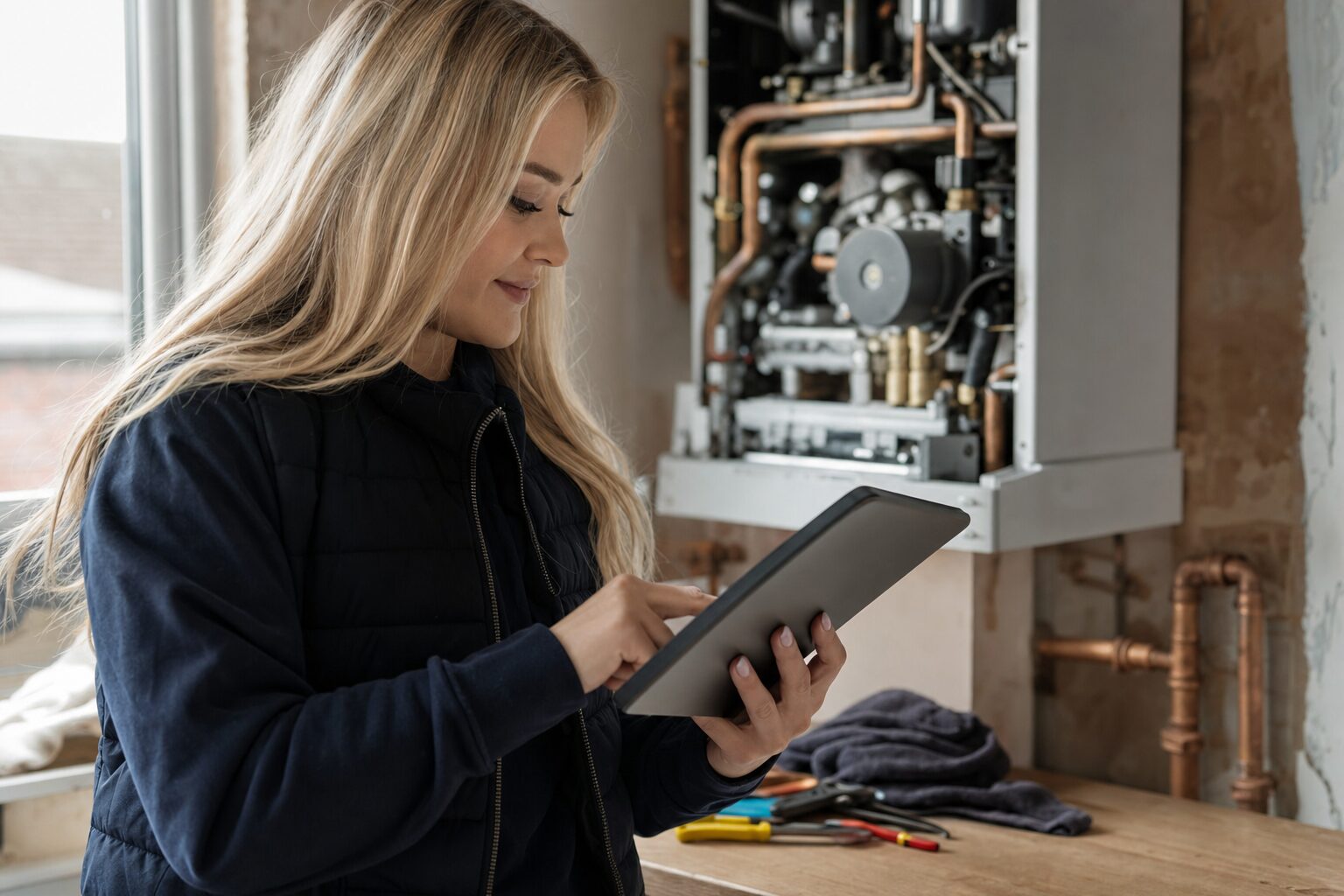 UK gas engineer reviewing a quote on a tablet next to a boiler installation