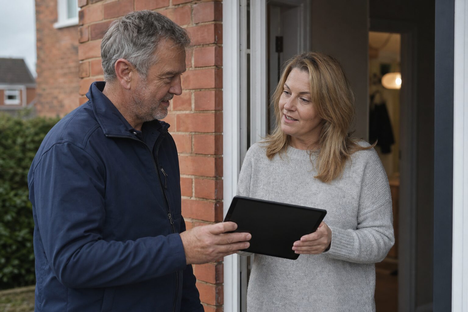 Plumber handing a customer a printed invoice on a doorstep