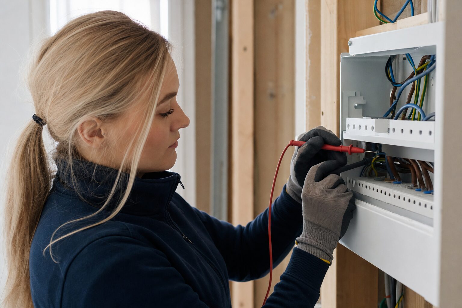 Electrician testing a consumer unit with a multimeter in a UK domestic property