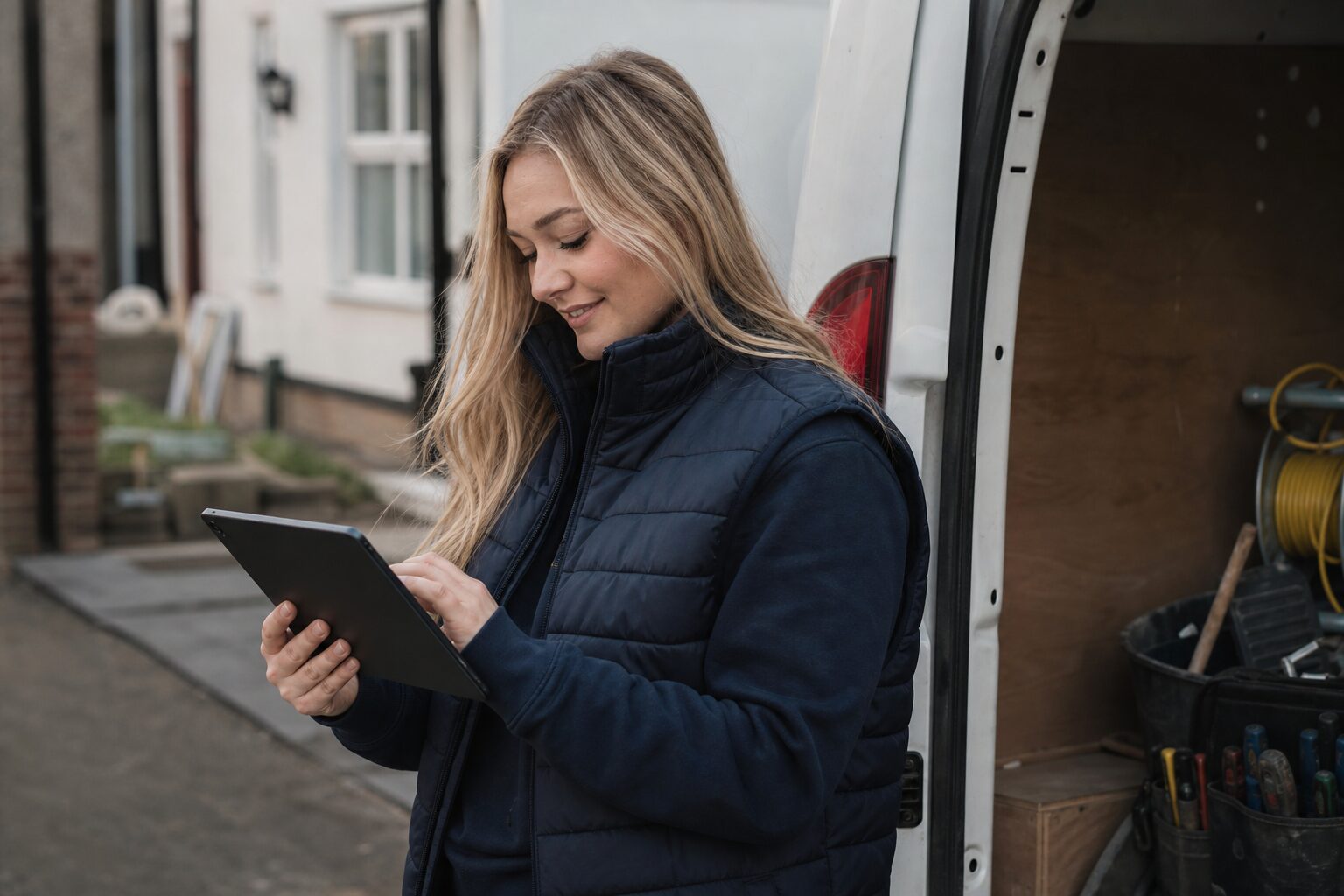 UK gas engineer reviewing a job on a tablet beside a liveried van