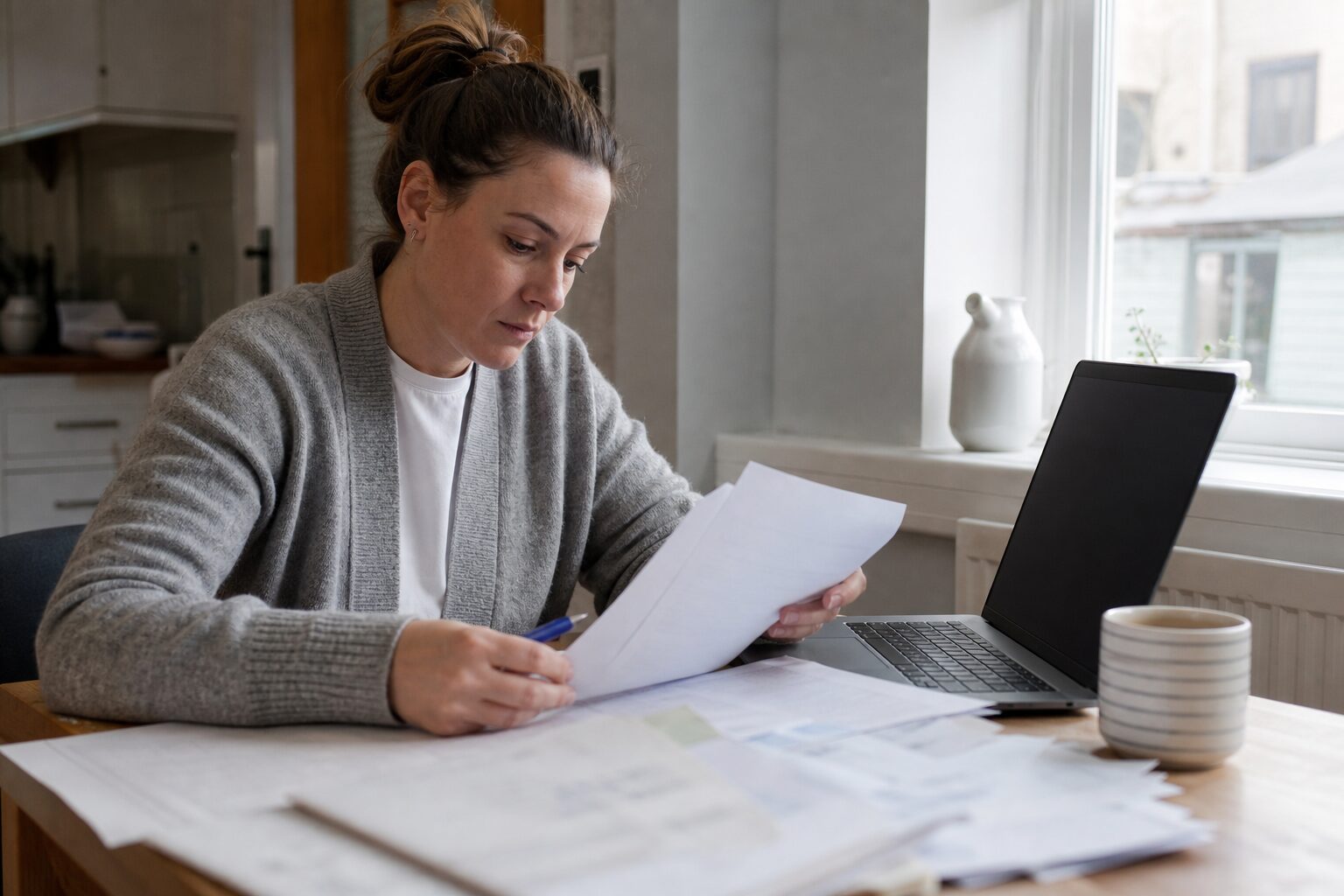Trade business office admin reviewing invoices and certificates on a laptop