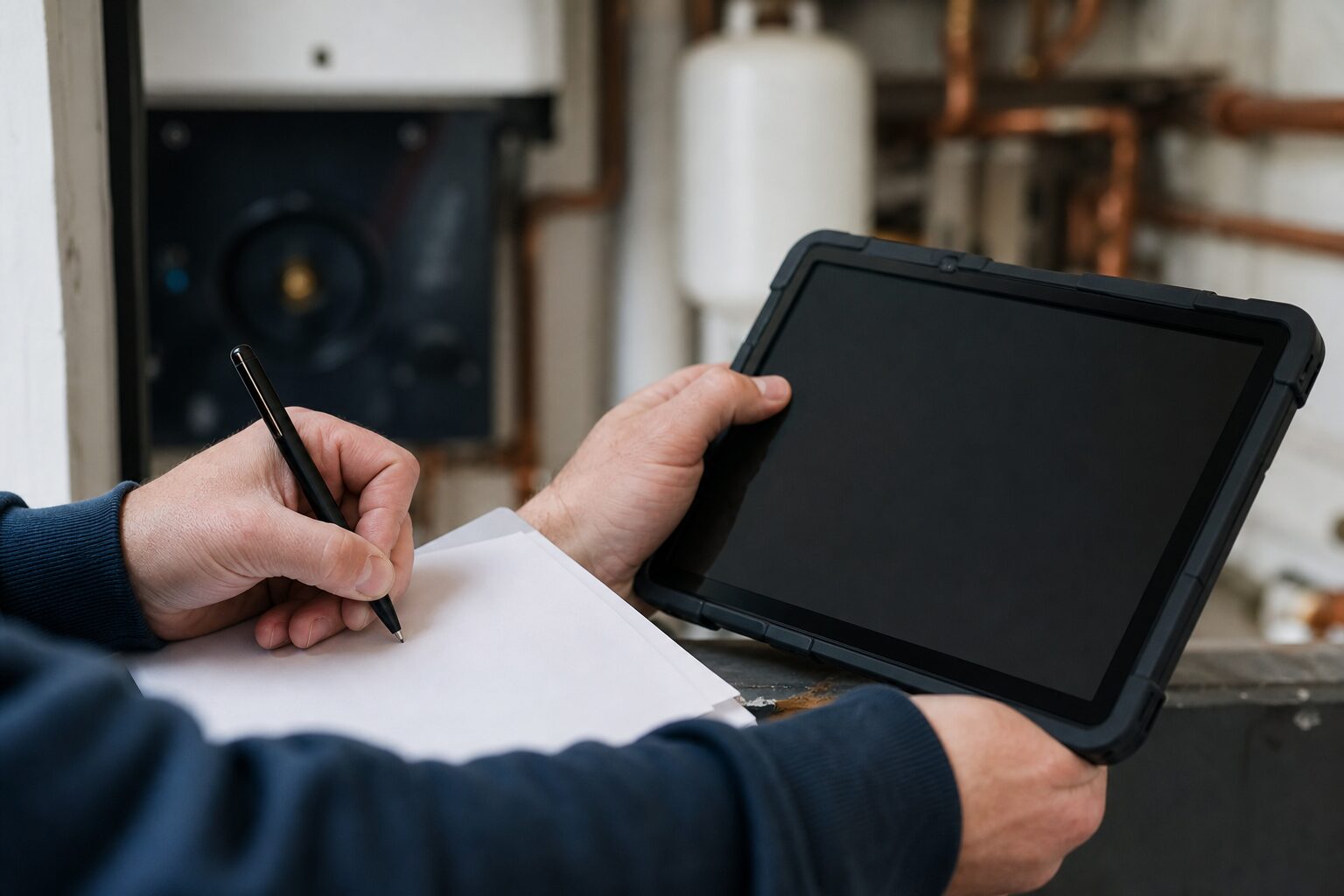 Electrician on site completing compliance paperwork on a mobile device