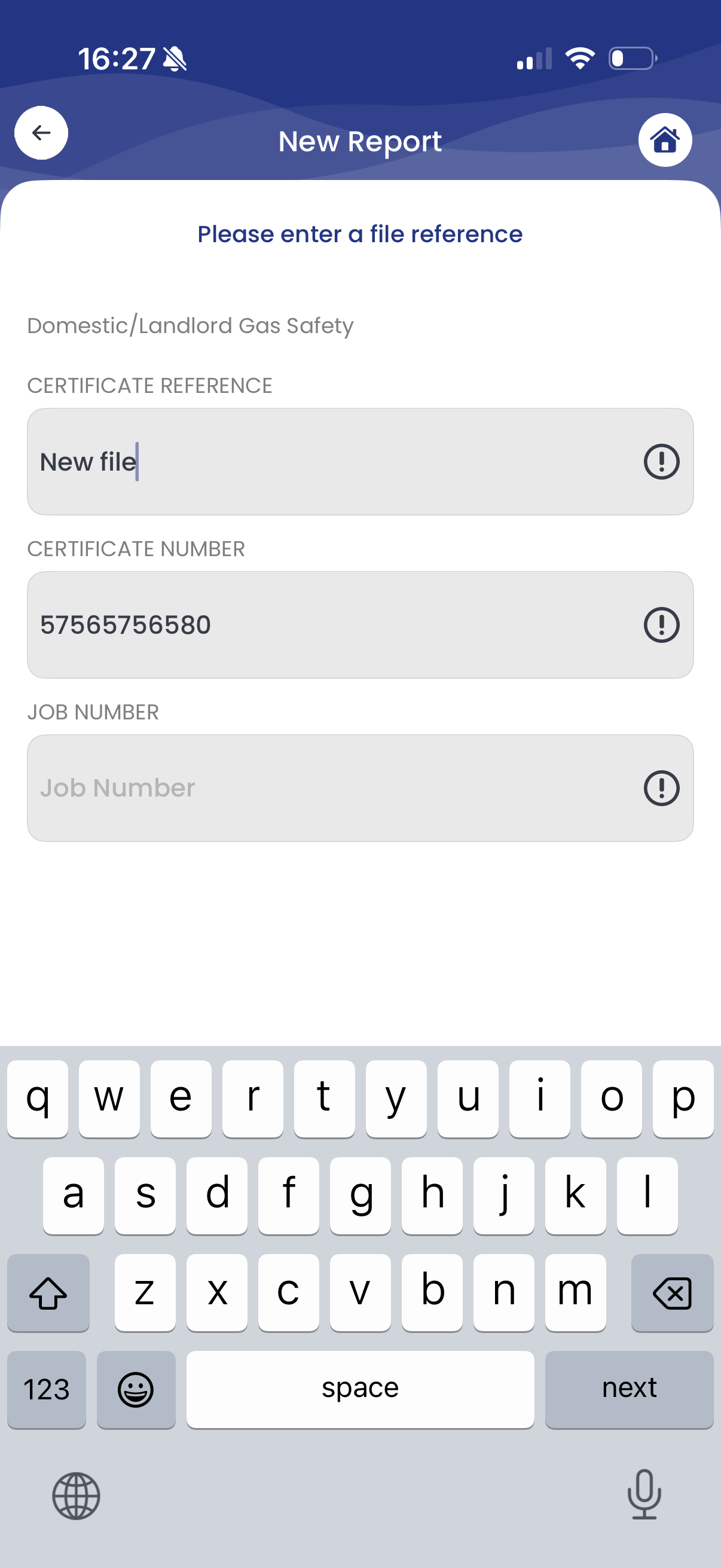 Reference field with optional certificate number and tag-a-job option on the same screen