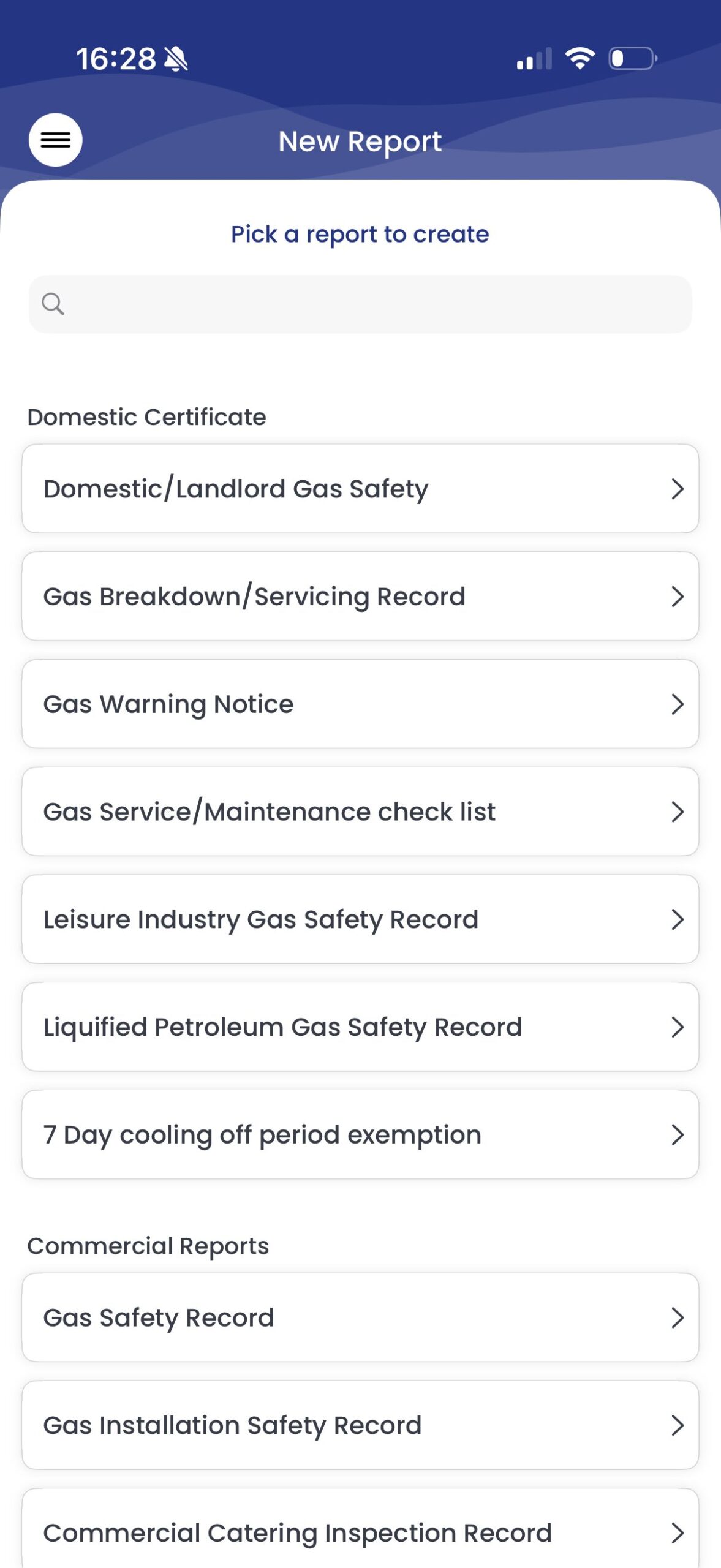 Checker New file menu with Landlord Gas Safety Report highlighted