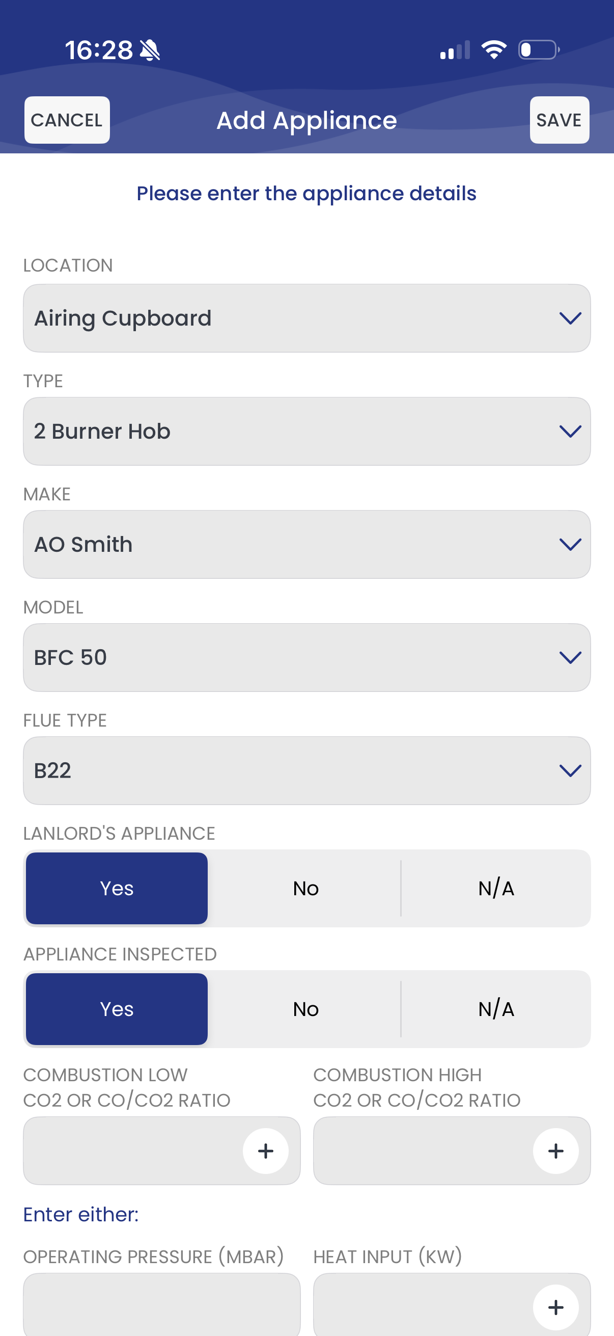 Filling in the gas safety form using pickers, drop-downs and free text