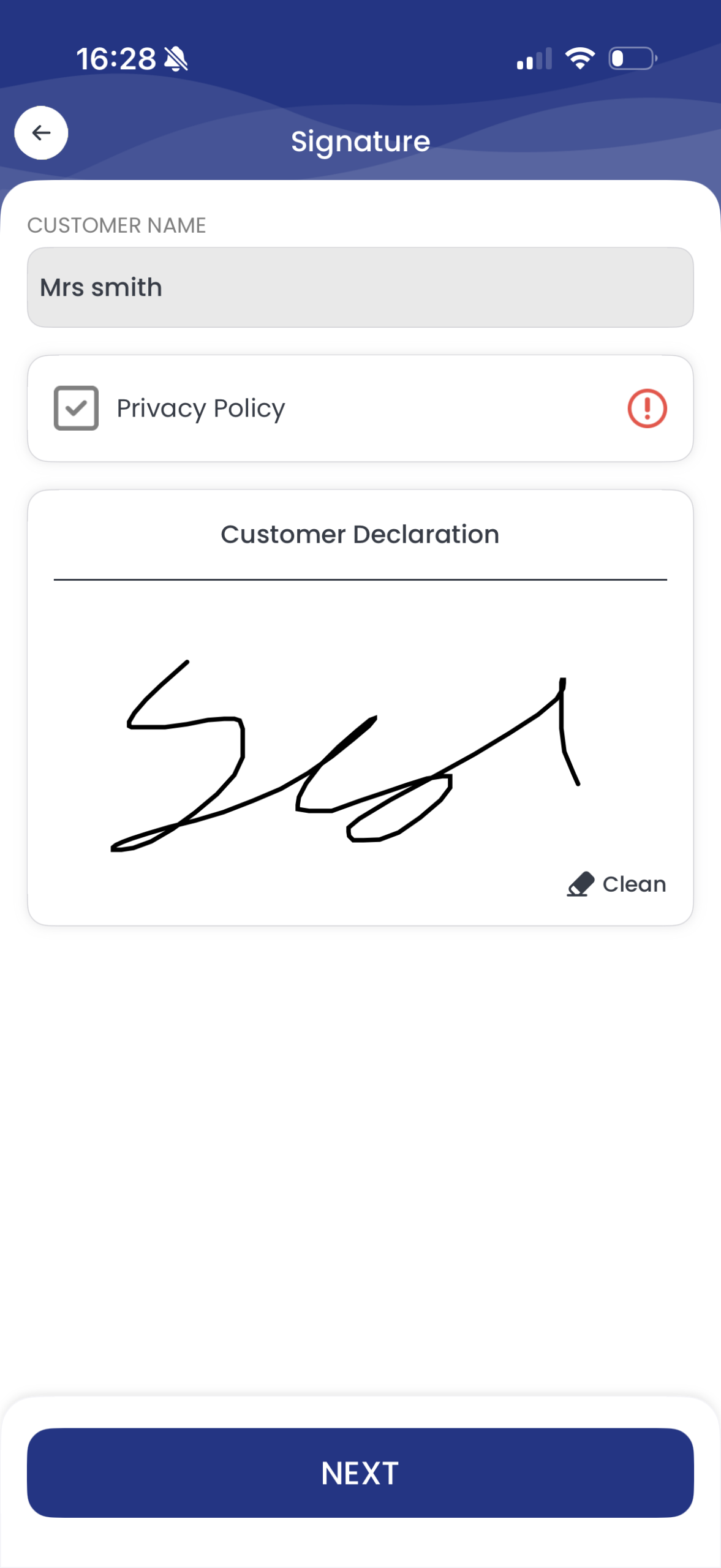Customer name, GDPR opt-in and signature pad on the sign-the-doc screen