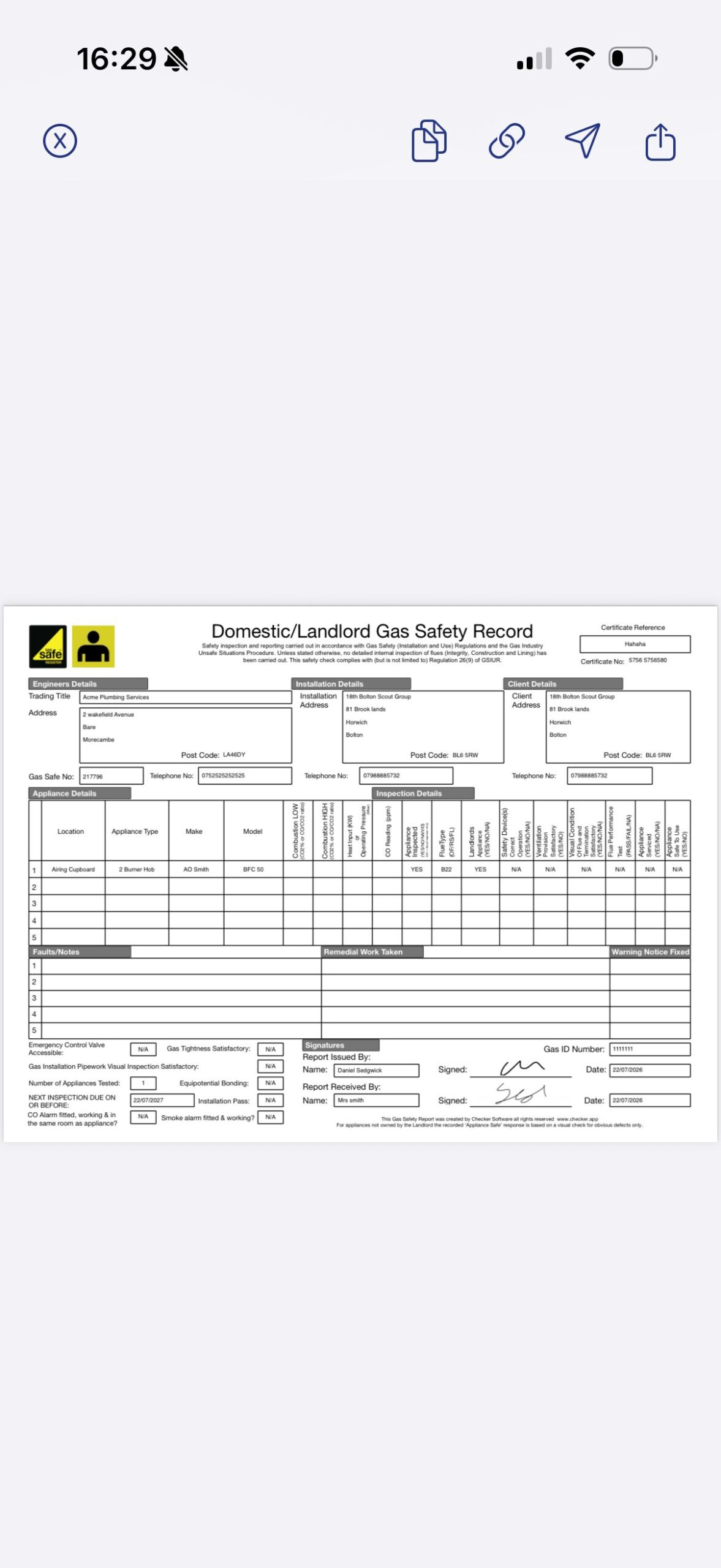 PDF preview screen for a final check before sending