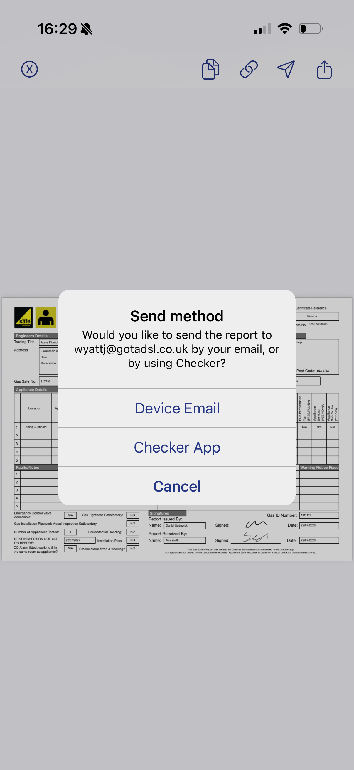 Send method chooser with email, SMS and Checker email options