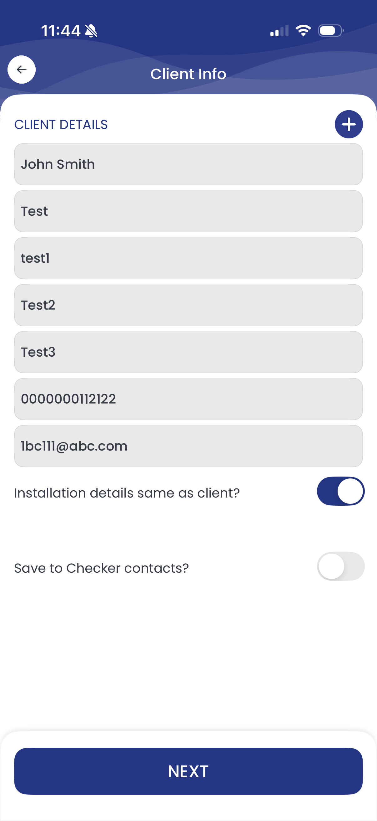 Client Info screen with client details, Save to Checker contacts toggle and the Next button