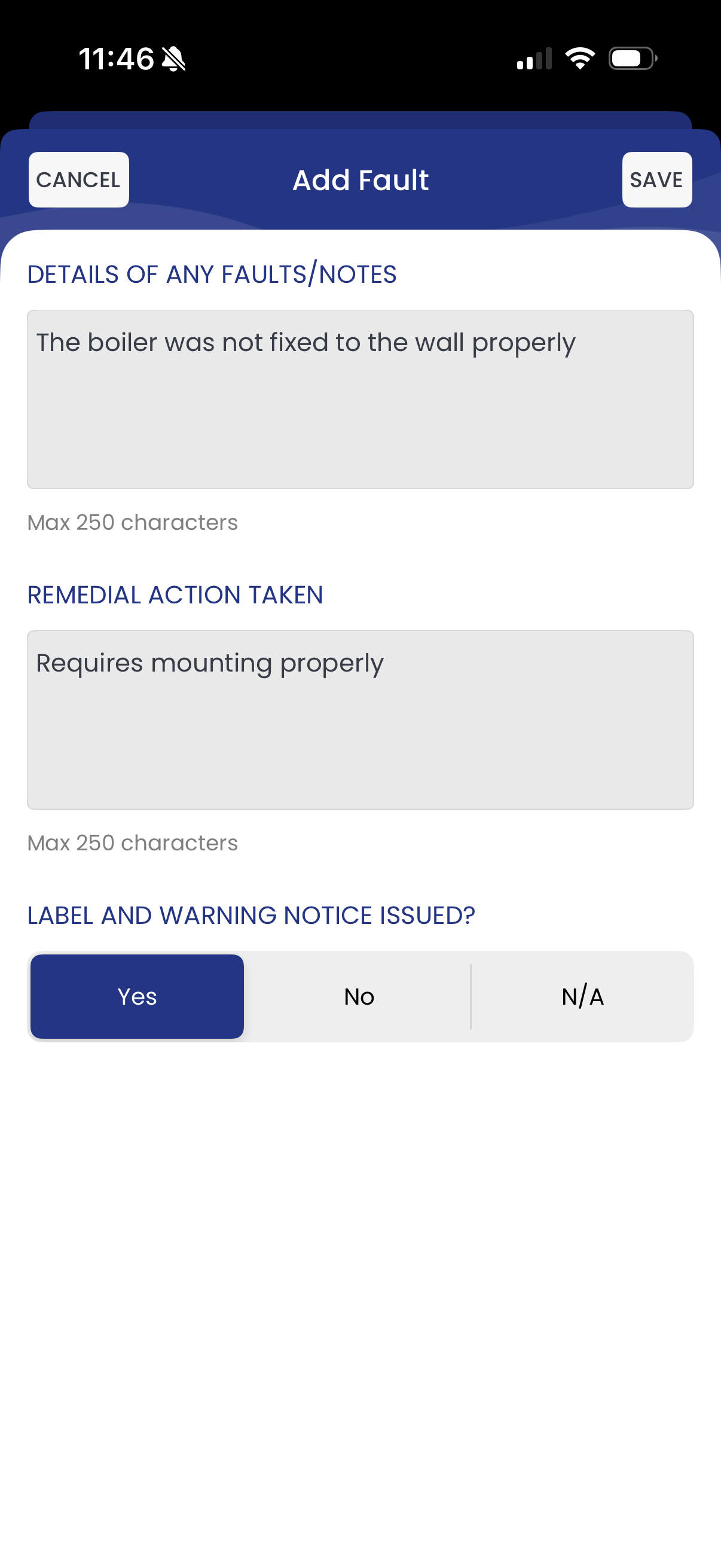 Add Fault screen with fault details, remedial action and warning notice options, saved with SAVE top right