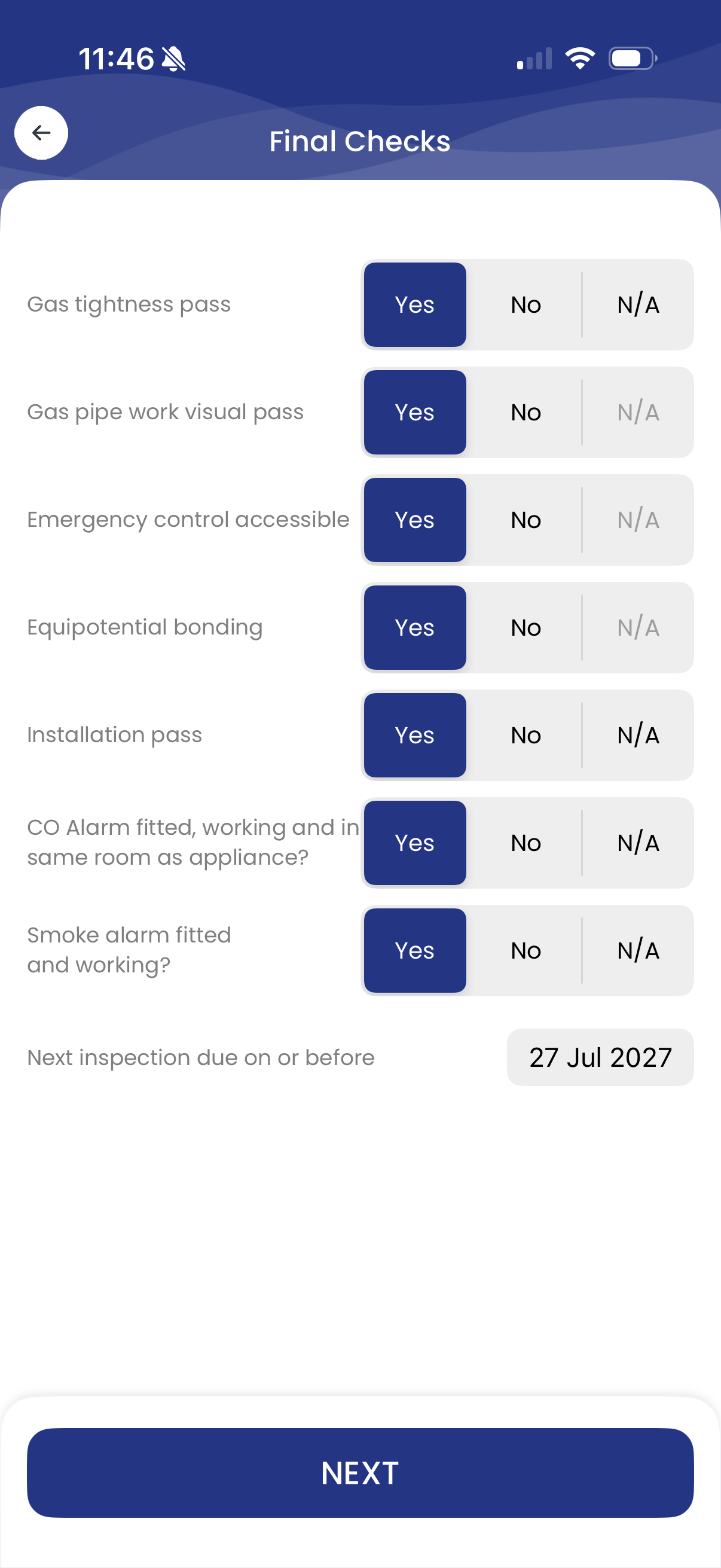 Final Checks screen with gas tightness, bonding, CO and smoke alarm toggles and the next inspection date