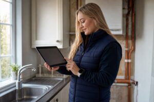 Plumber checking a job on a tablet in a customer's kitchen with copper pipework visible