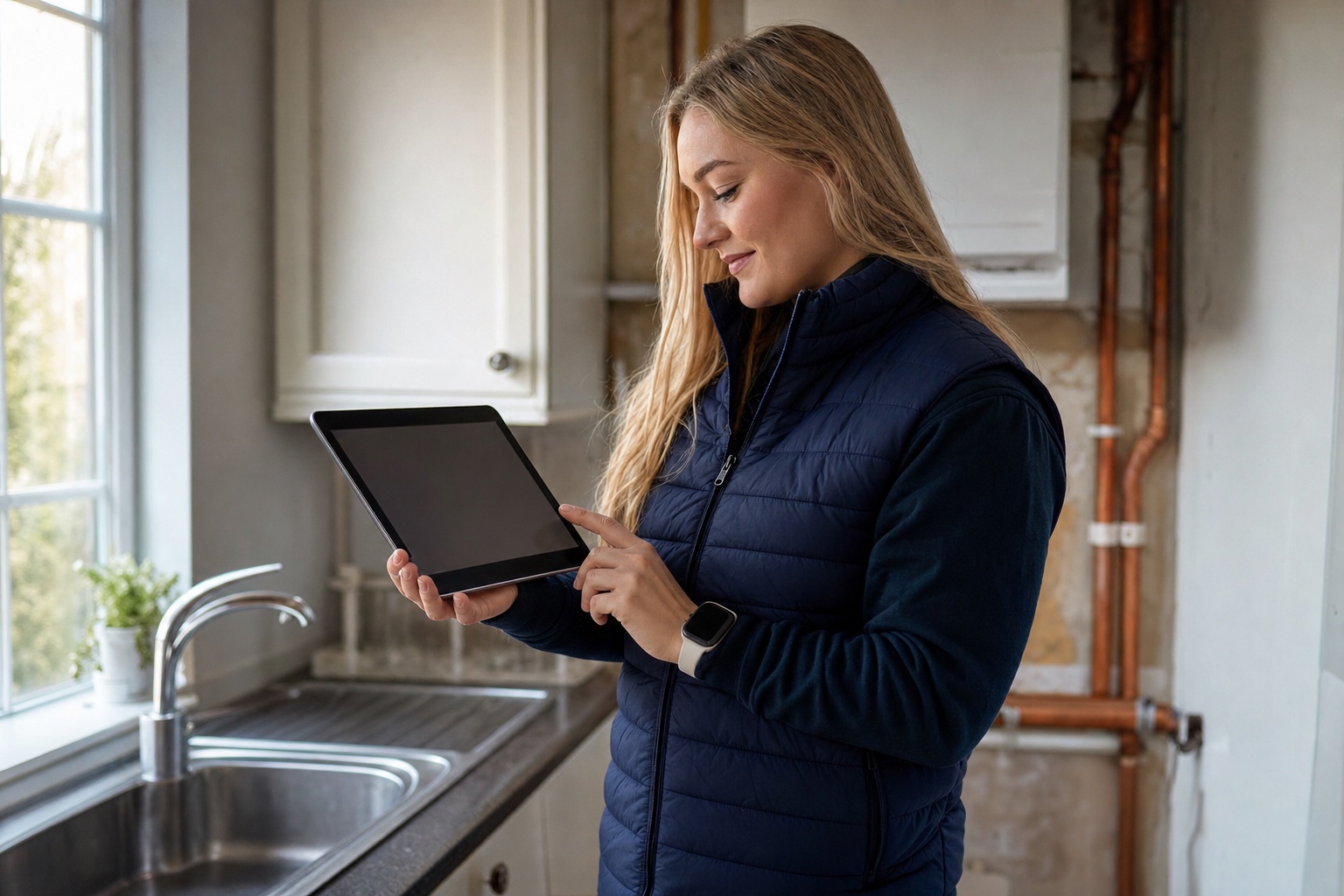 Plumber checking a job on a tablet in a customer's kitchen with copper pipework visible