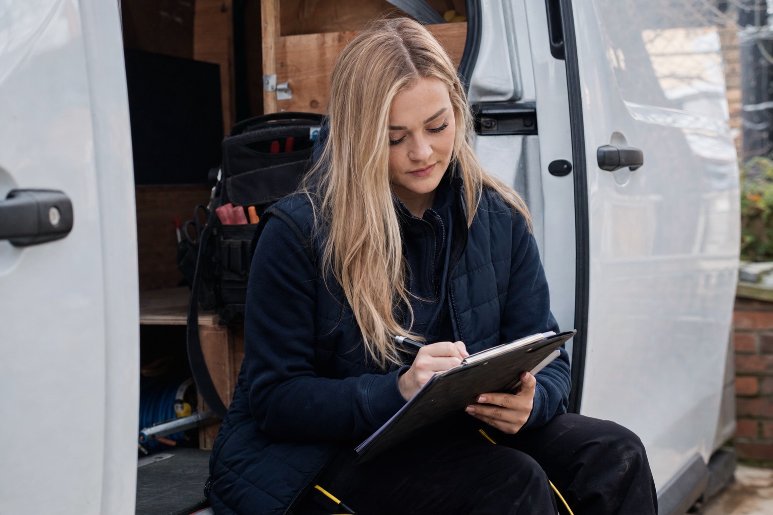 Tradesperson writing up job notes on a clipboard in the back of a work van