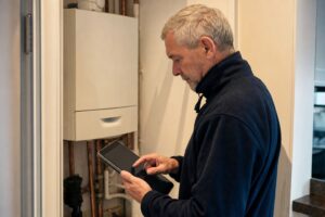 Gas engineer checking details on a tablet beside a wall-mounted boiler