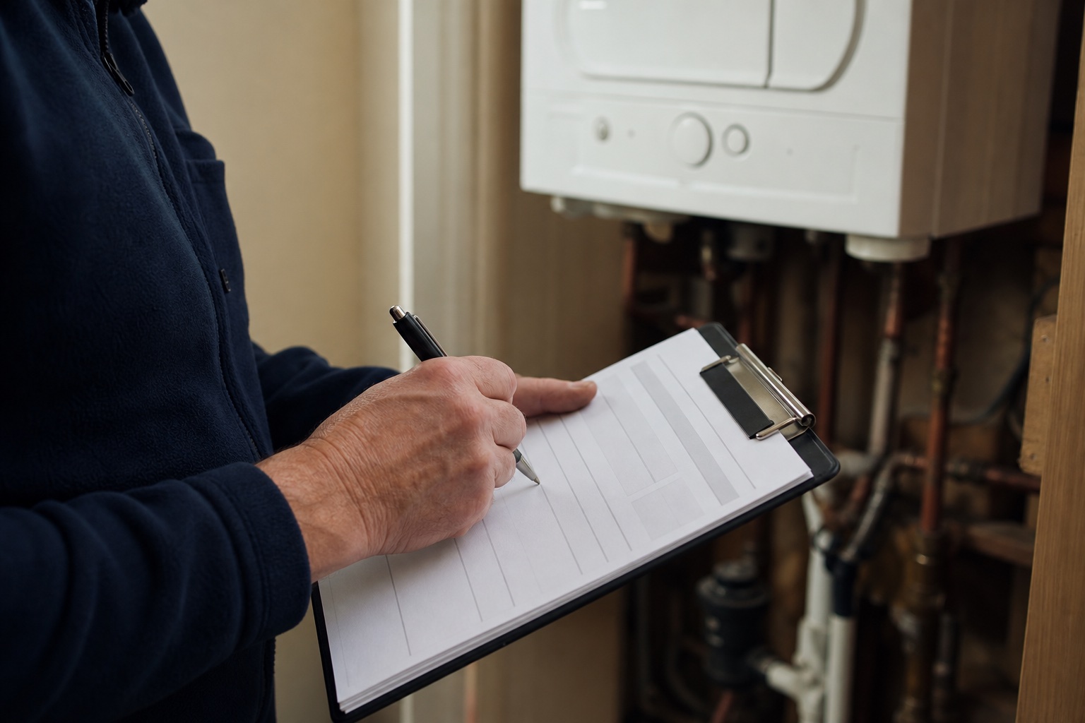 Engineer filling out a paper record on a clipboard in front of a boiler