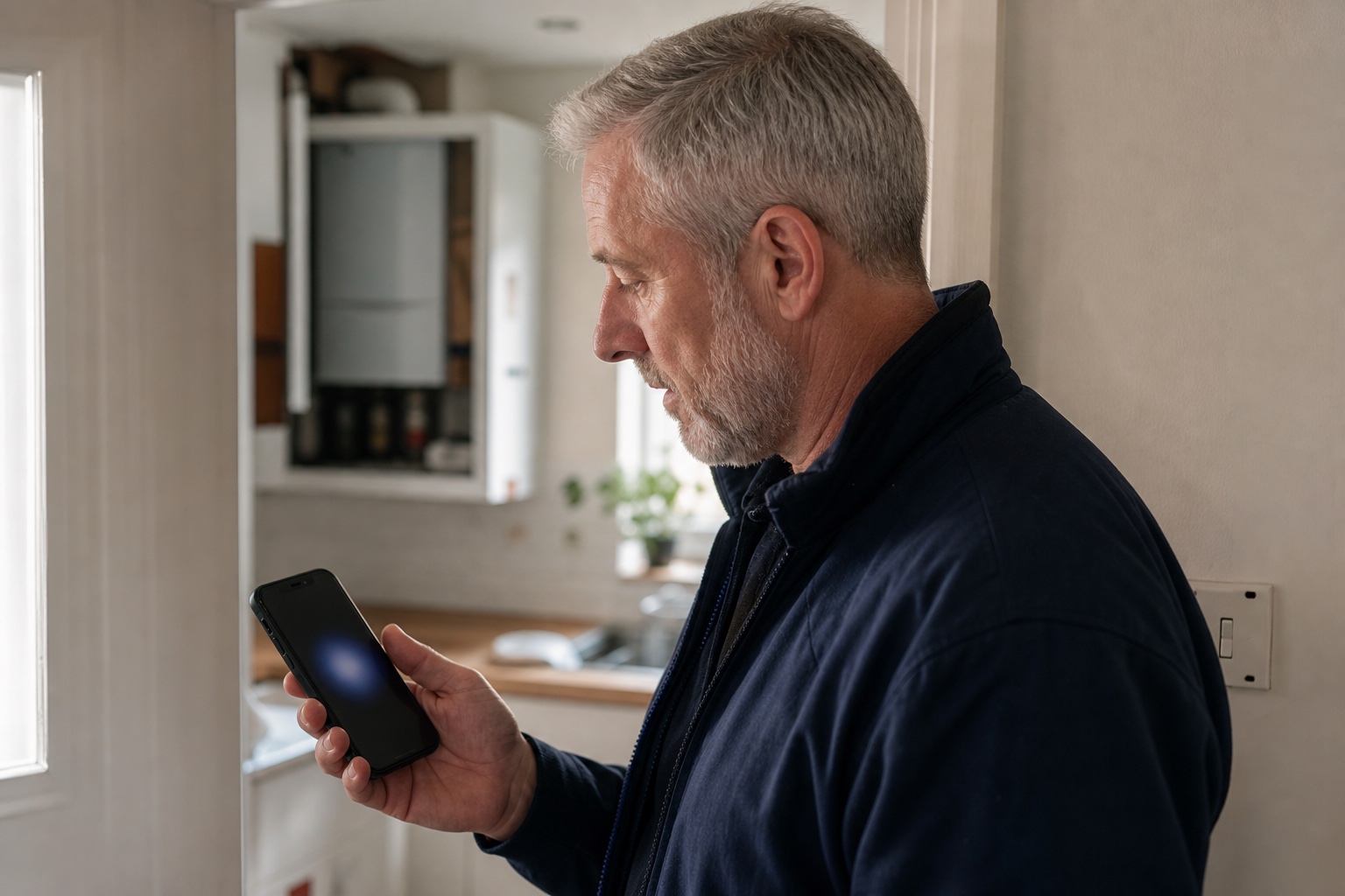 Gas engineer checking a message on his phone inside a customer's kitchen