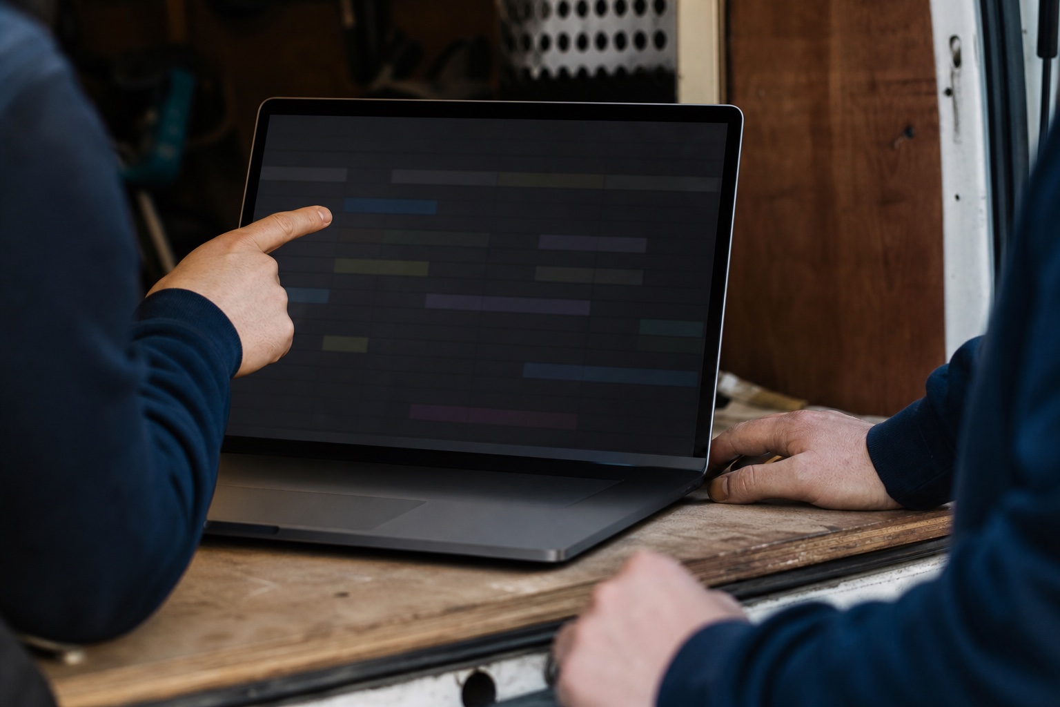 Two tradespeople reviewing a colour-coded job schedule on a laptop