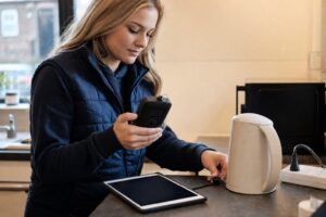 Electrician testing a kettle's plug with a handheld tester beside a tablet