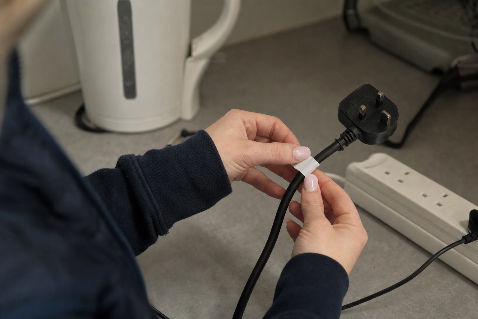 Close-up of a test label being applied to an appliance cable