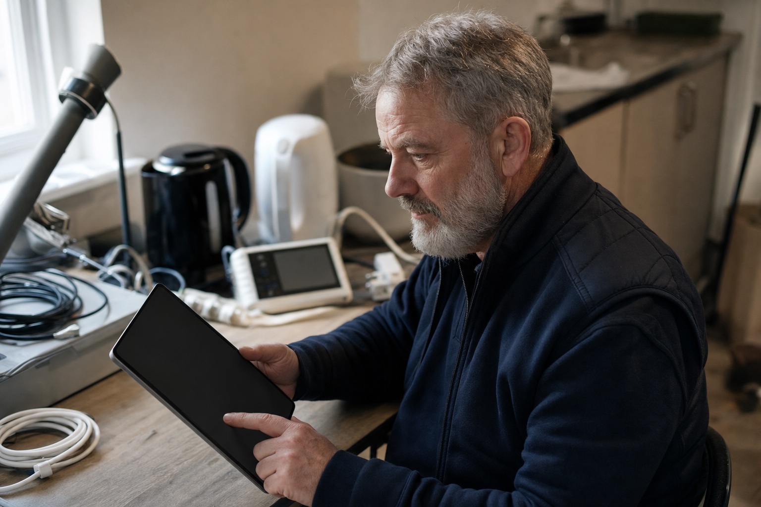Electrician reviewing an appliance register on a tablet in a test workshop