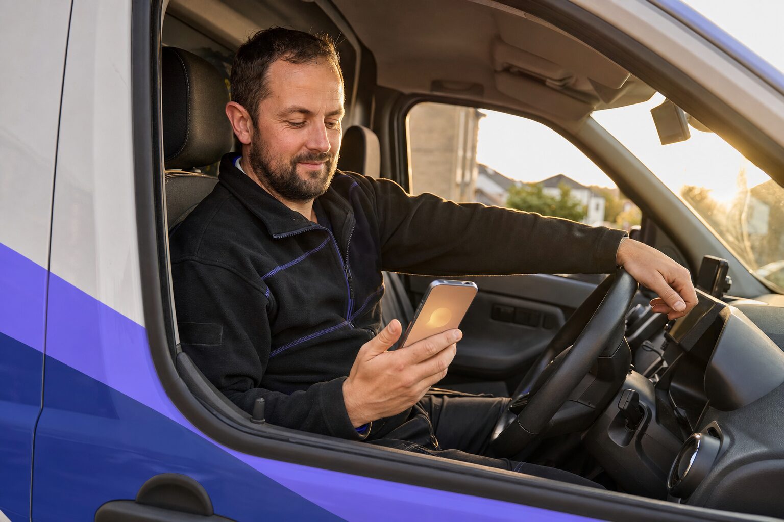 A gas engineer relaxed in his branded van at golden hour, glancing at a phone showing a notification, representing the automated reminder that just went out