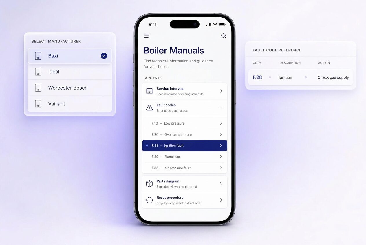 iPhone showing the Checker boiler manuals library with a fault code lookup open on-screen, a manufacturer picker card and a fault code reference card floating alongside