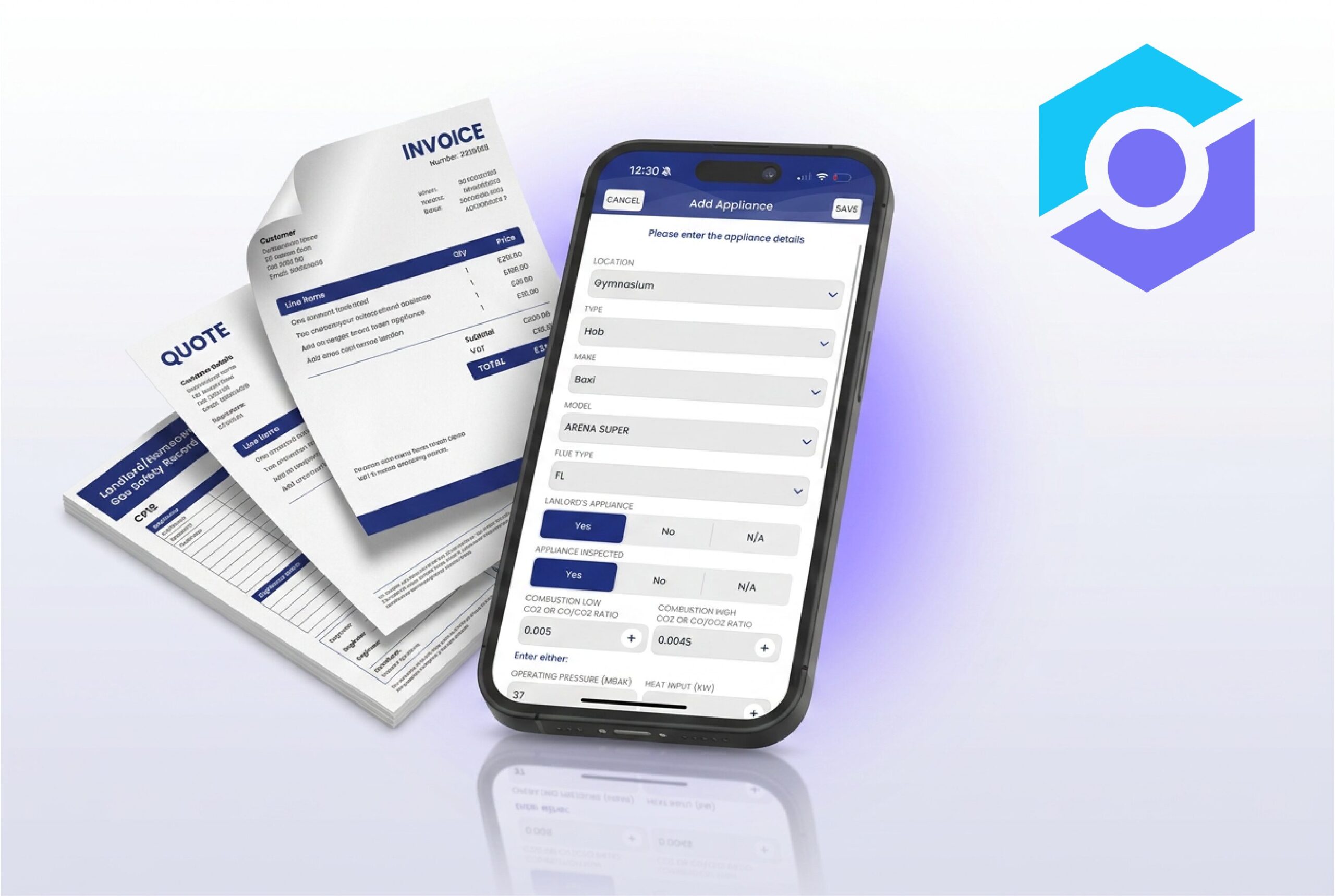 Checker Add Appliance screen on an iPhone next to a stack of branded invoice, quote and gas safety record documents