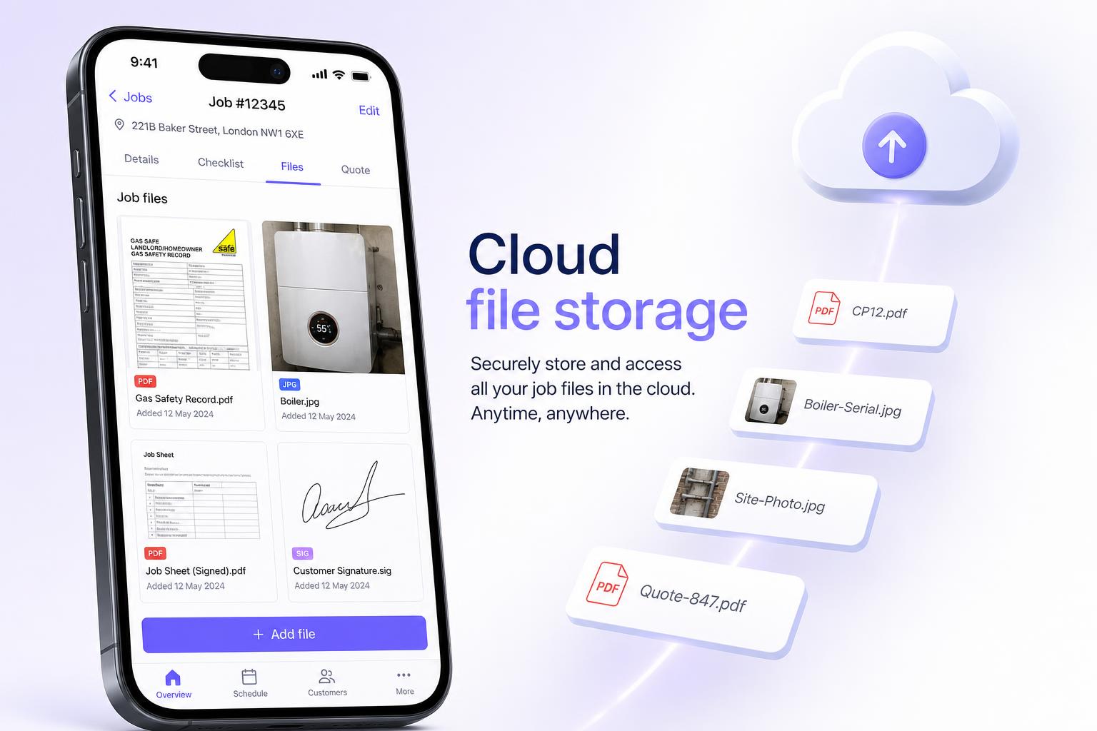iPhone showing the Checker app job files screen with thumbnails of a Gas Safety Record PDF, a boiler photo, a signed job sheet and a customer signature, next to floating file cards CP12.pdf, Boiler-Serial.jpg, Site-Photo.jpg and Quote-847.pdf drifting up into a cloud icon