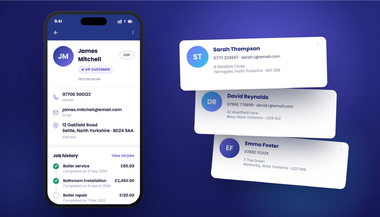 Checker customer profile on an iPhone showing contact details, job history and service reminders, with a stack of customer record cards behind it