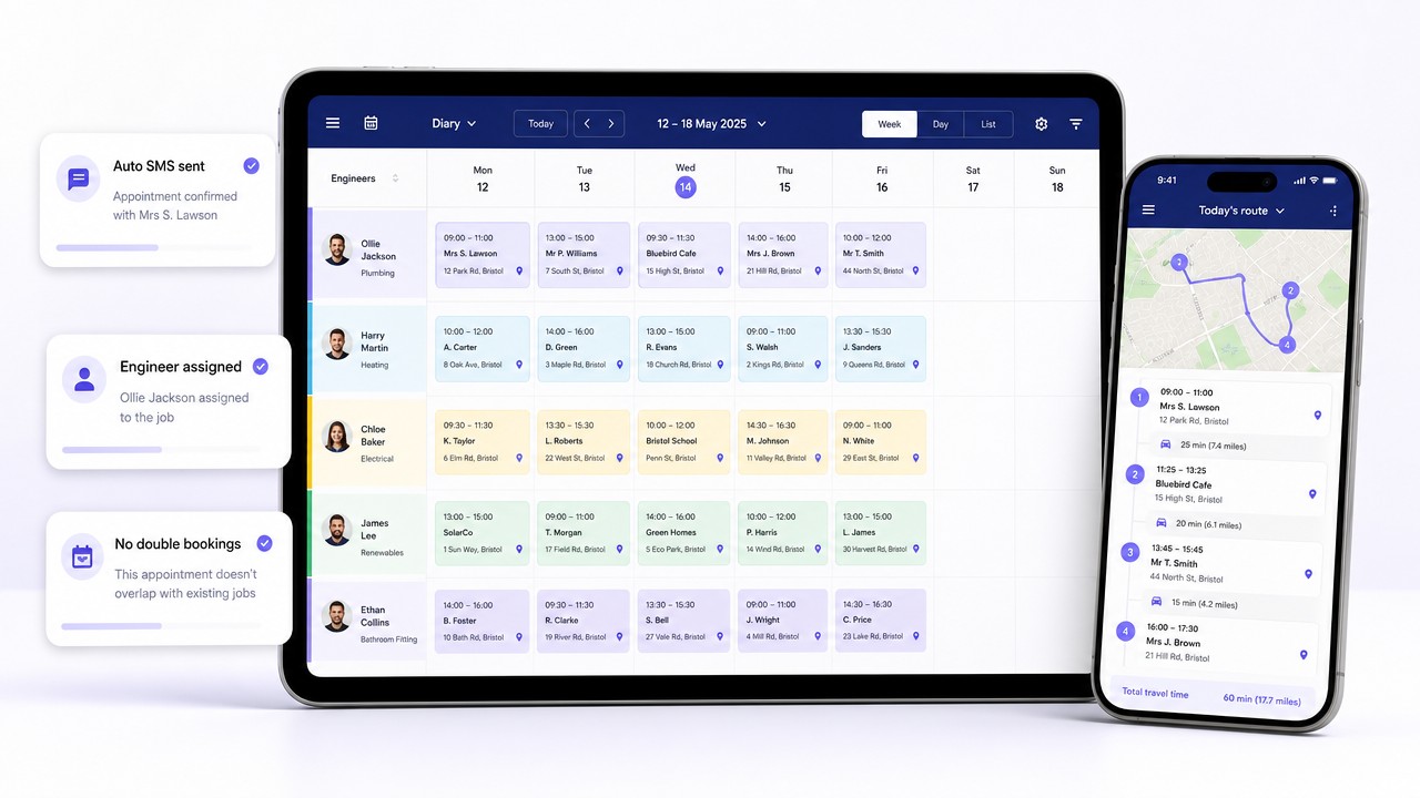 Checker diary open on an iPad showing a week view with colour-coded engineer jobs, alongside a phone showing today's route