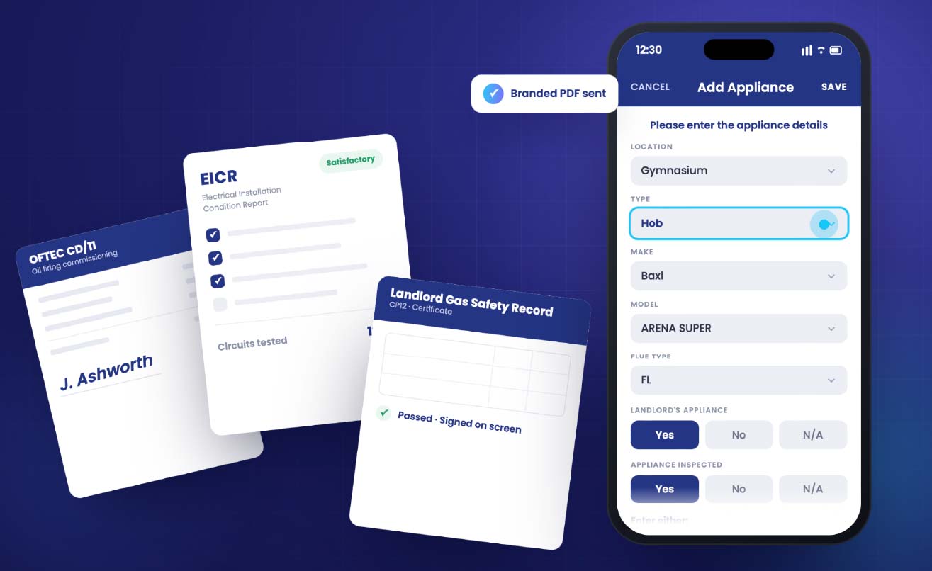 Checker Add Appliance screen on an iPhone next to a stack of branded invoice, quote and gas safety record documents