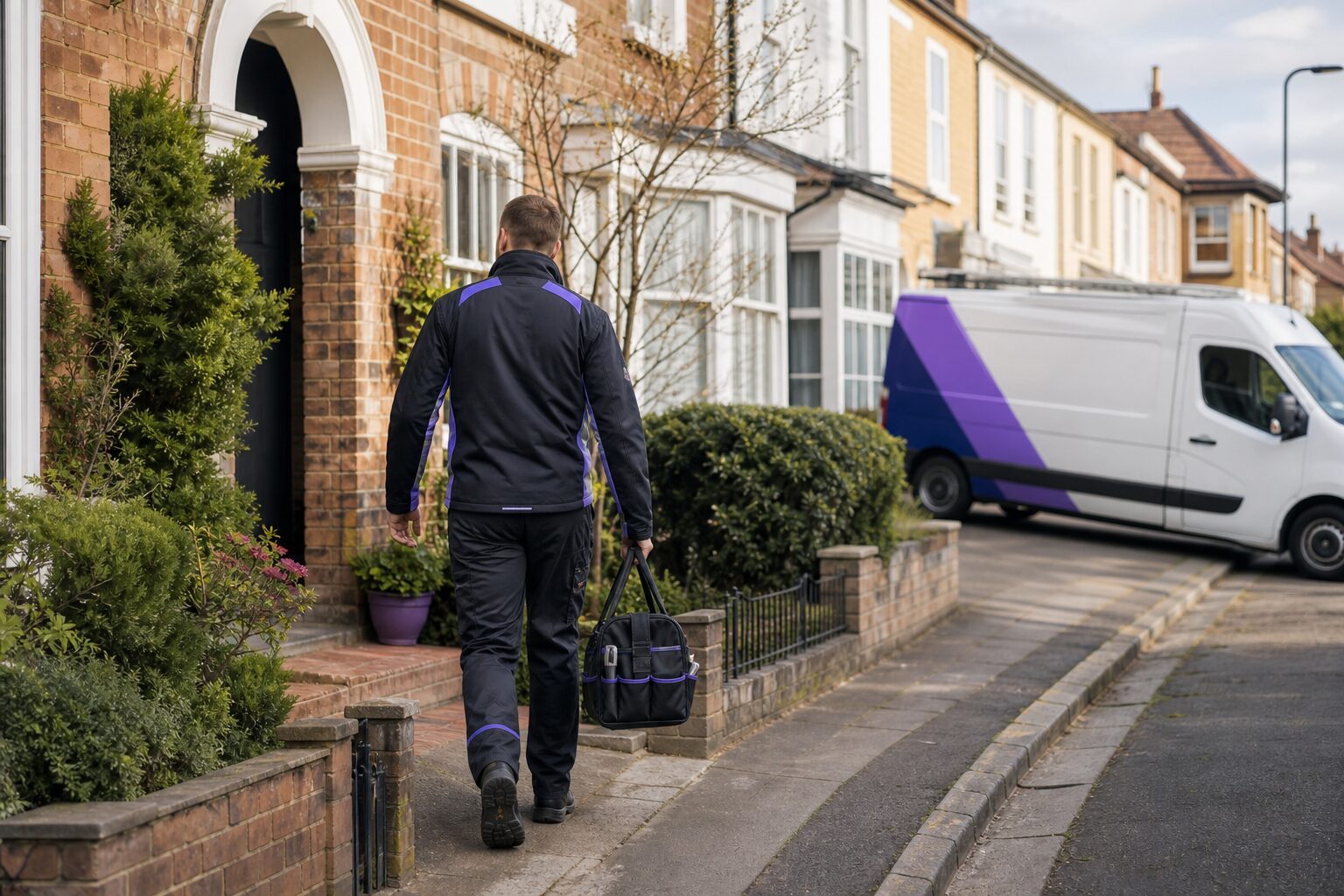 A gas engineer walking up to a UK home with a toolbag, branded van parked on the street, representing the scheduled annual visit