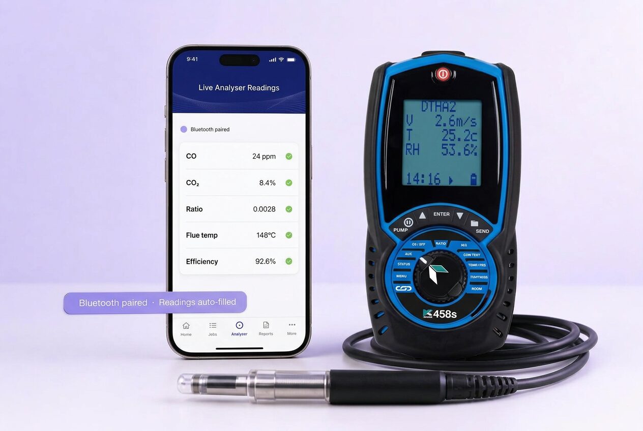 iPhone showing the Checker app on a Live Analyser Readings screen with CO, CO2, ratio, flue temperature and efficiency values ticked off, sitting beside a red and black Kane 458s Bluetooth flue gas analyser with a lavender badge reading Bluetooth paired readings auto-filled