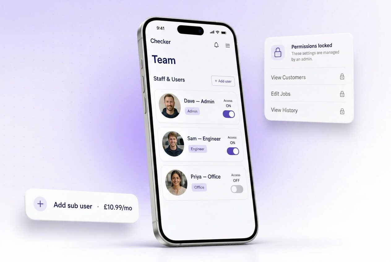 Checker app on iPhone showing three sub-user profiles with access toggles, and a floating Permissions Locked card with View Customers, Edit Jobs and View History greyed out