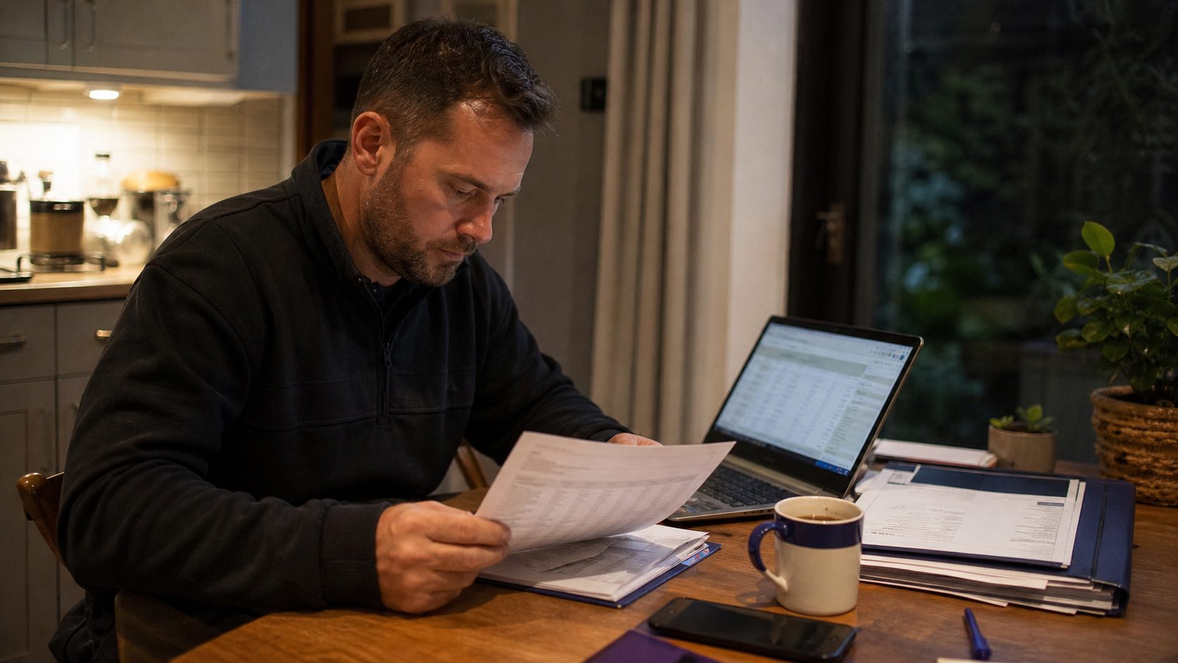 A UK tradesman reviews a printed invoice at his kitchen table in the evening, with a laptop open beside him, working through the paperwork after a day of jobs.