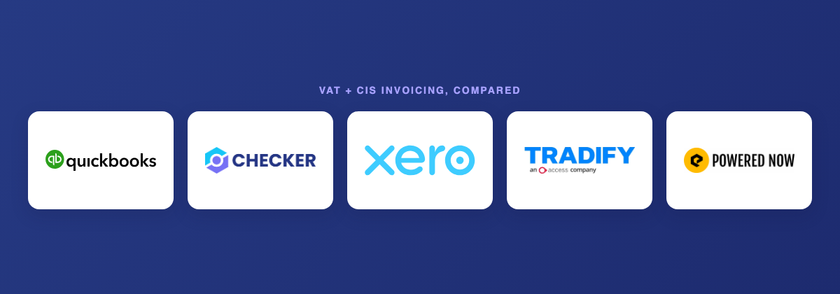Logos of the five invoicing apps compared in this article: QuickBooks, Checker, Xero, Tradify and Powered Now.