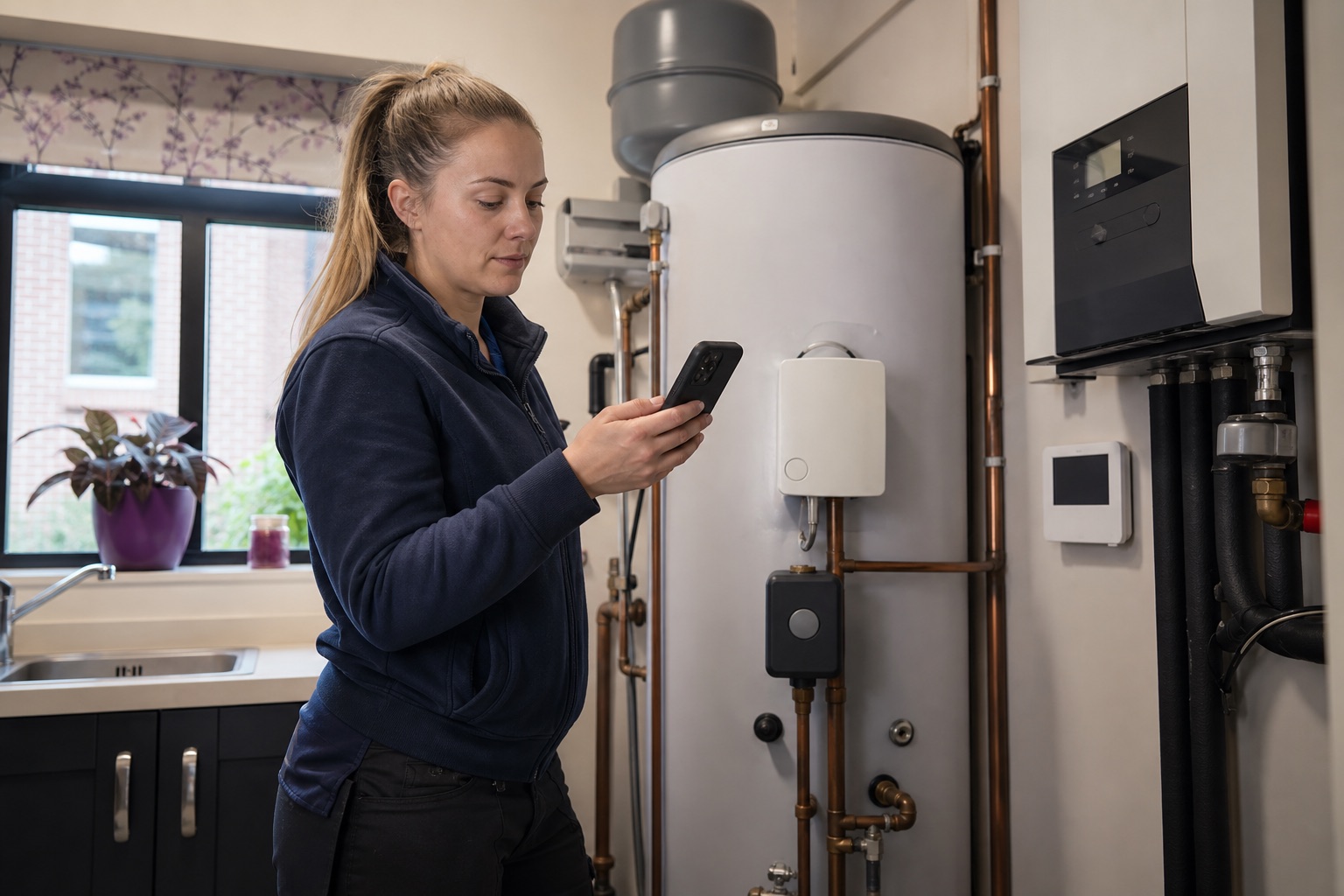 UK renewable heating engineer in a plant room checking a heat pump hot water cylinder and completing a digital record on her phone