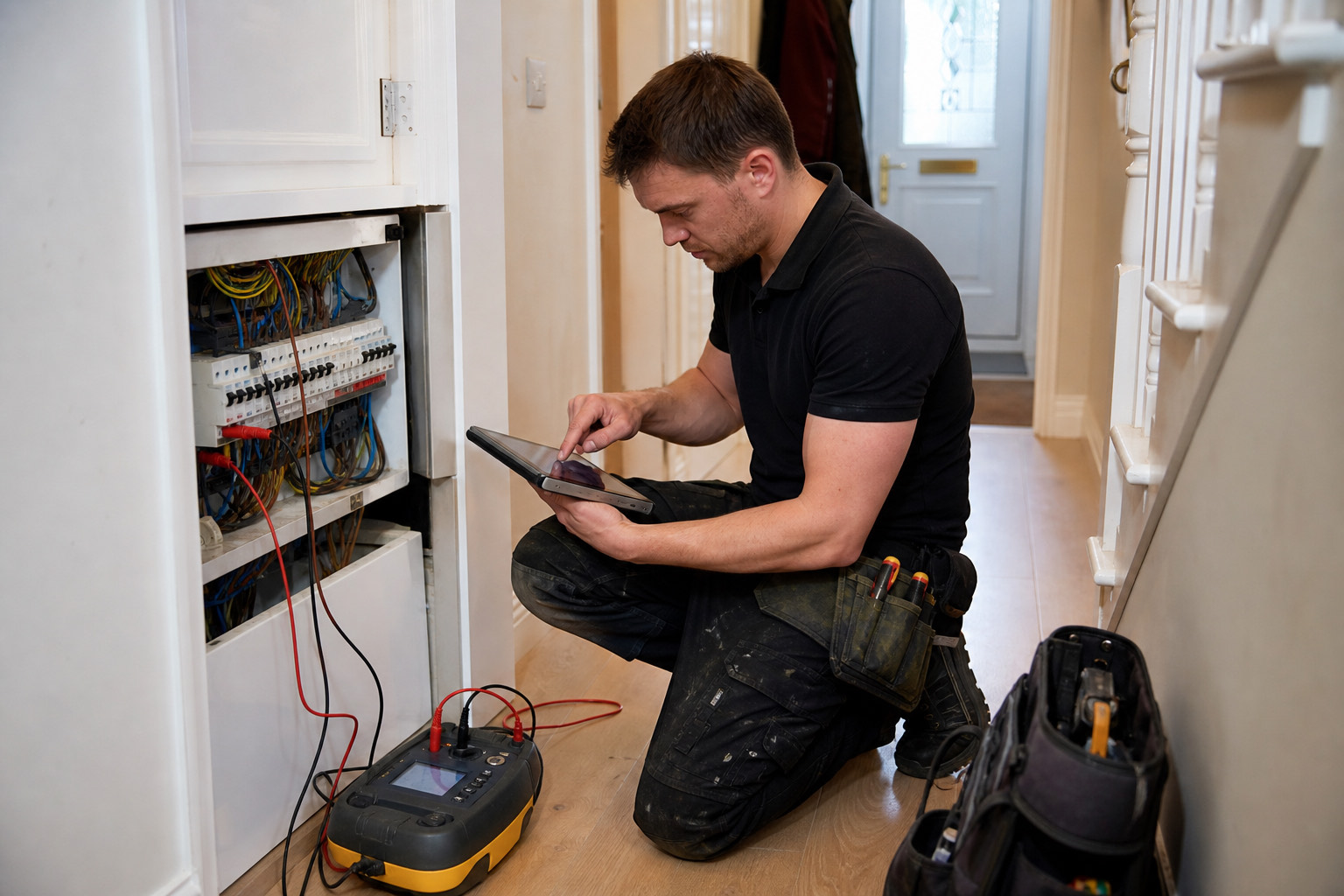 UK electrician testing at a domestic consumer unit and recording readings on a tablet