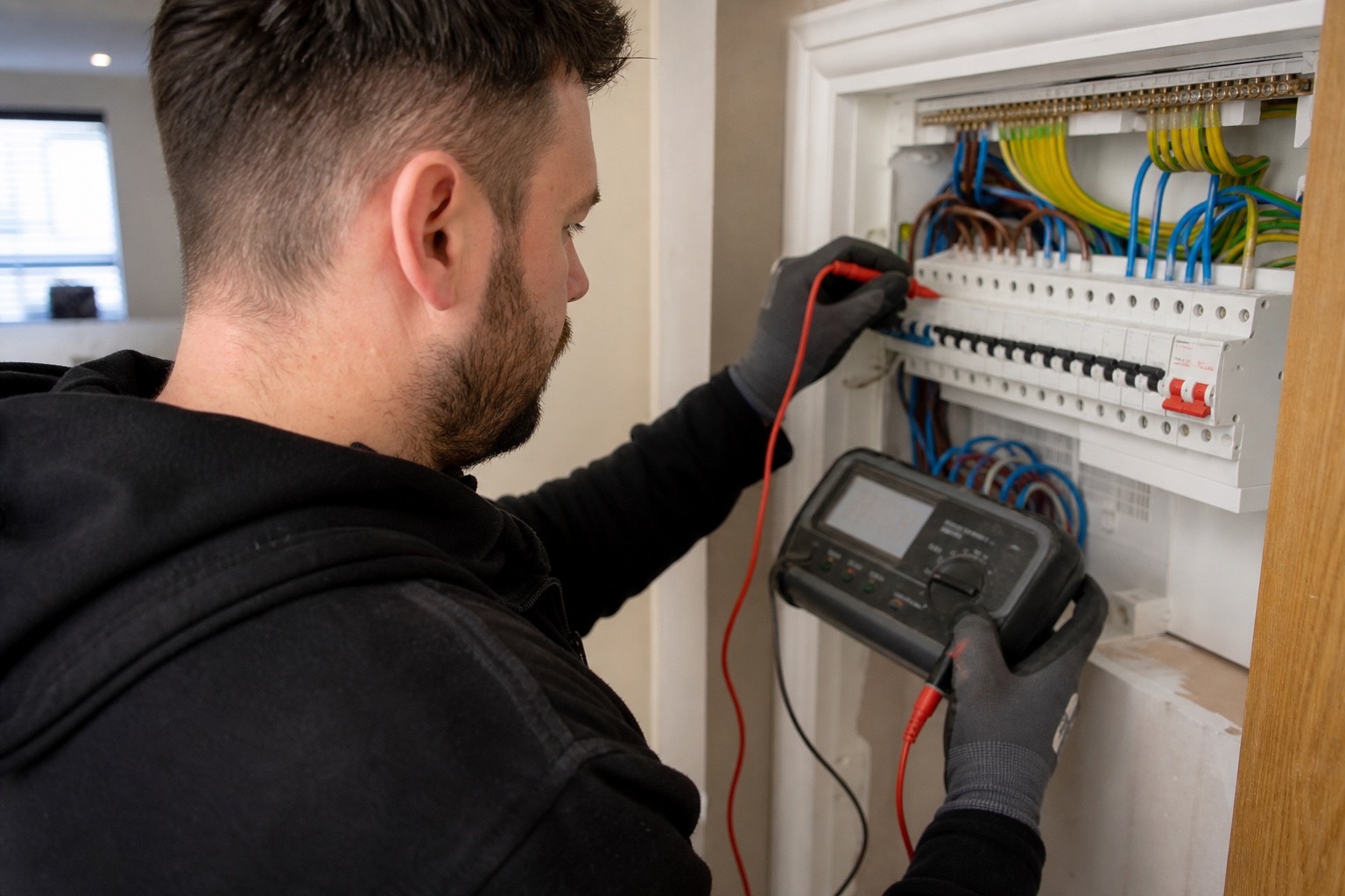 An electrician using a multimeter to test wiring inside an open consumer unit