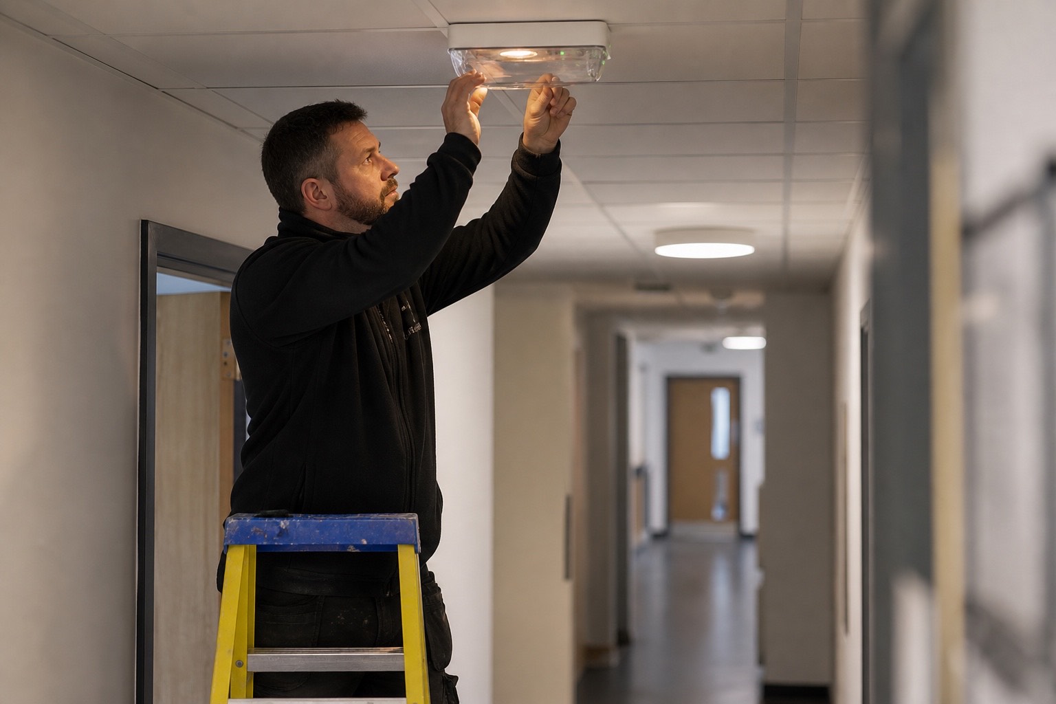 An electrician on a stepladder fitting an emergency light fitting to a corridor ceiling