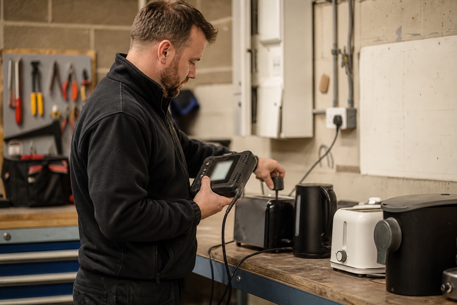 An electrician using a PAT testing device to check a toaster on a workbench