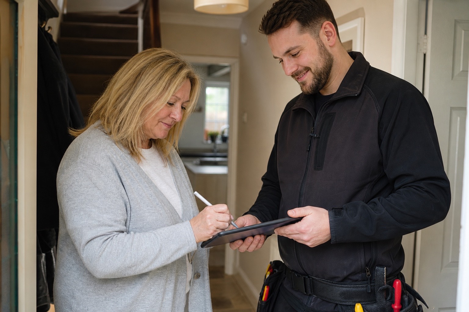 A customer signing on a tablet held by an electrician in a hallway