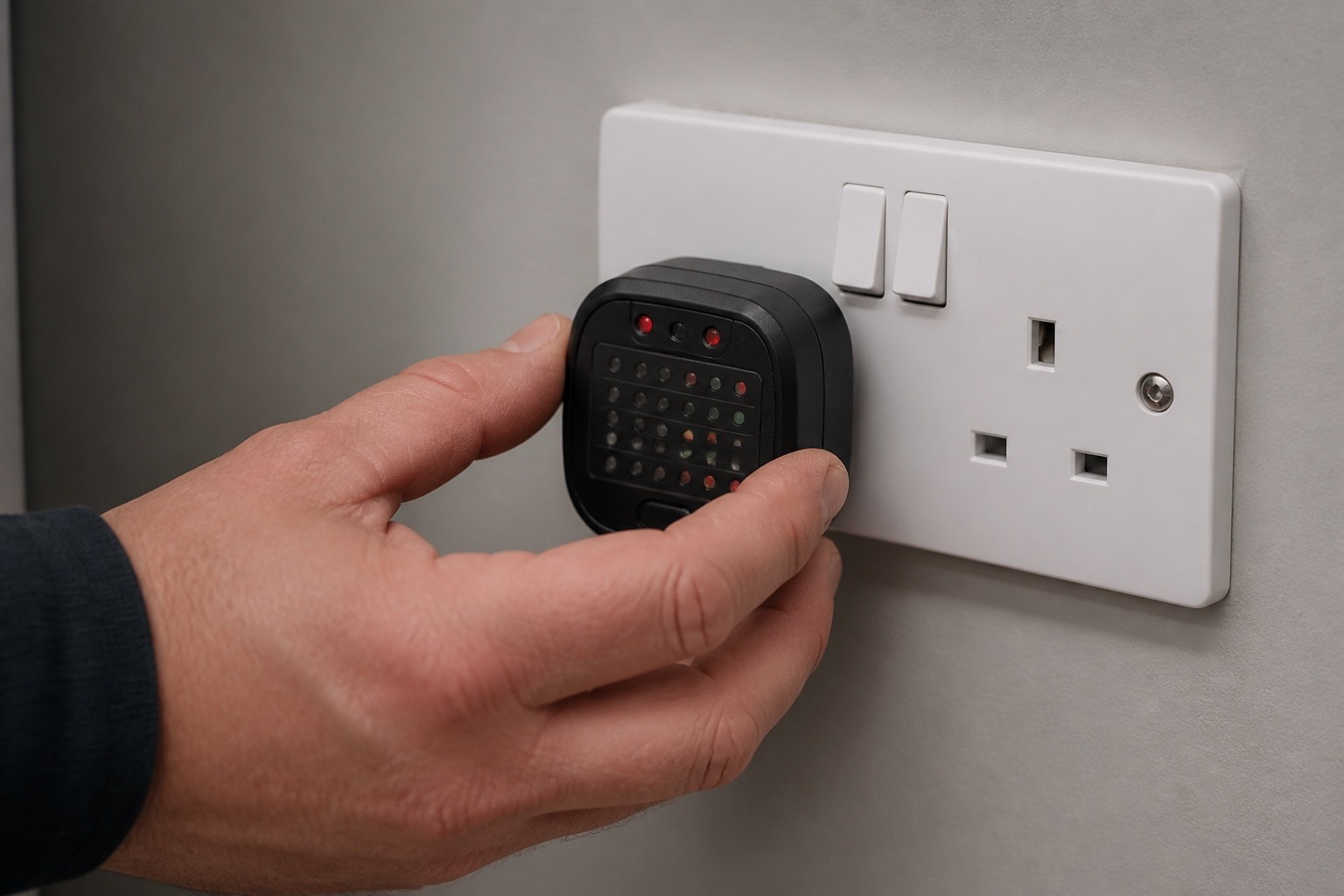 A hand holding a socket tester against a UK wall socket