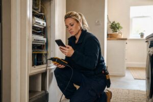 UK electrician testing an electrical certification app beside a consumer unit