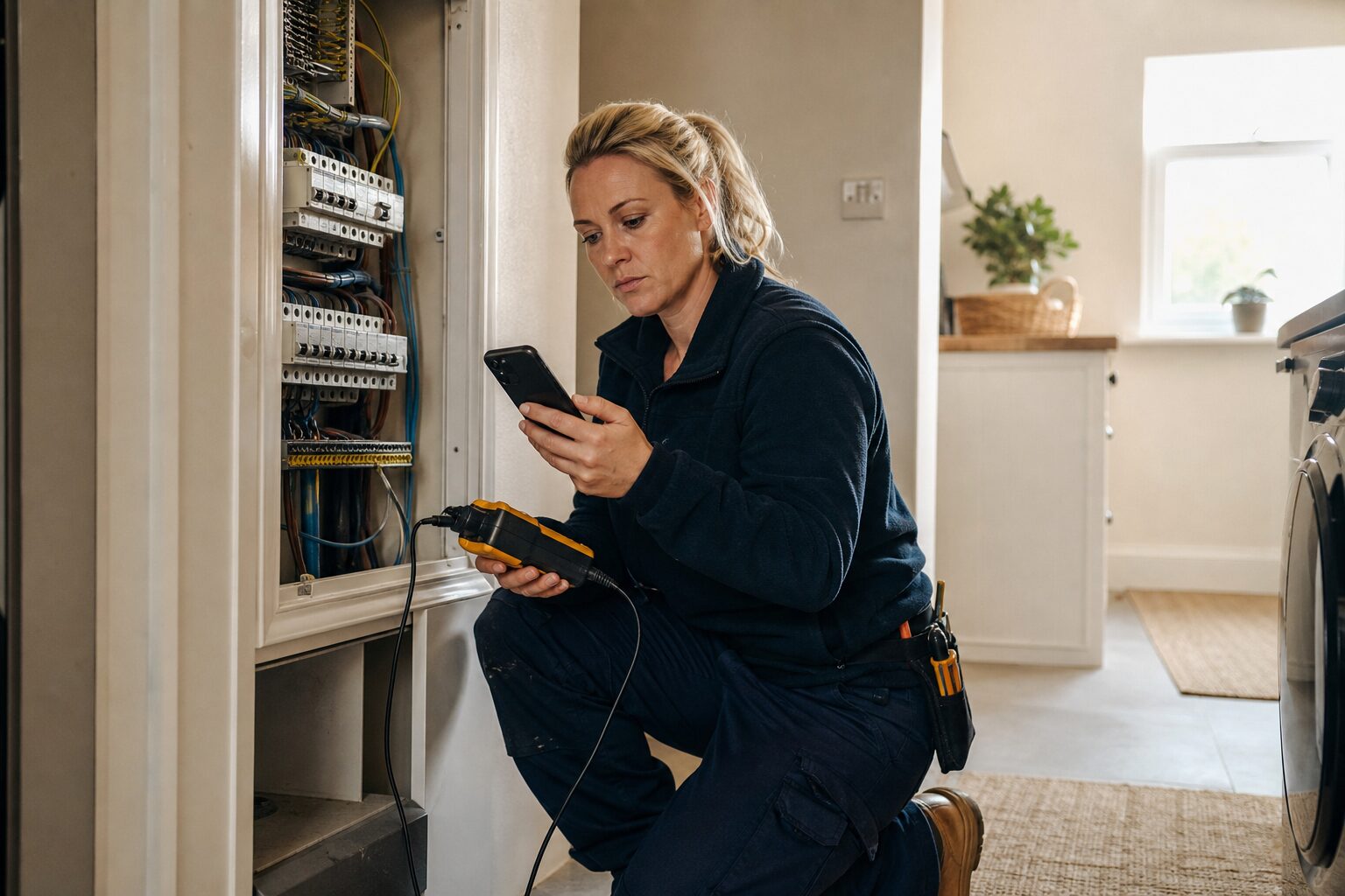 UK electrician testing an electrical certification app beside a consumer unit